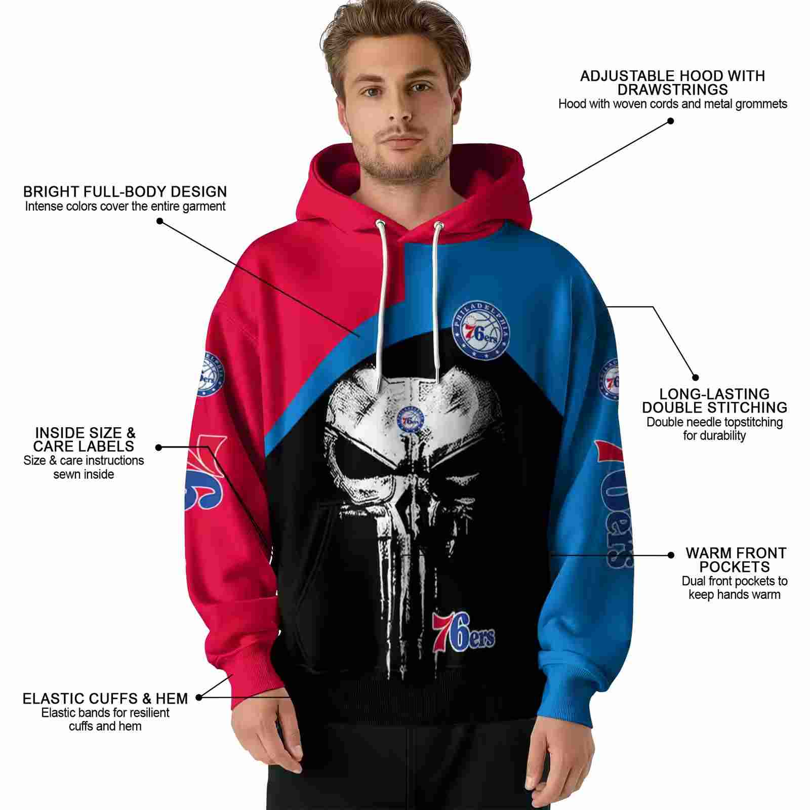 philadelphia 76ers skull punisher red black hoodie latest model