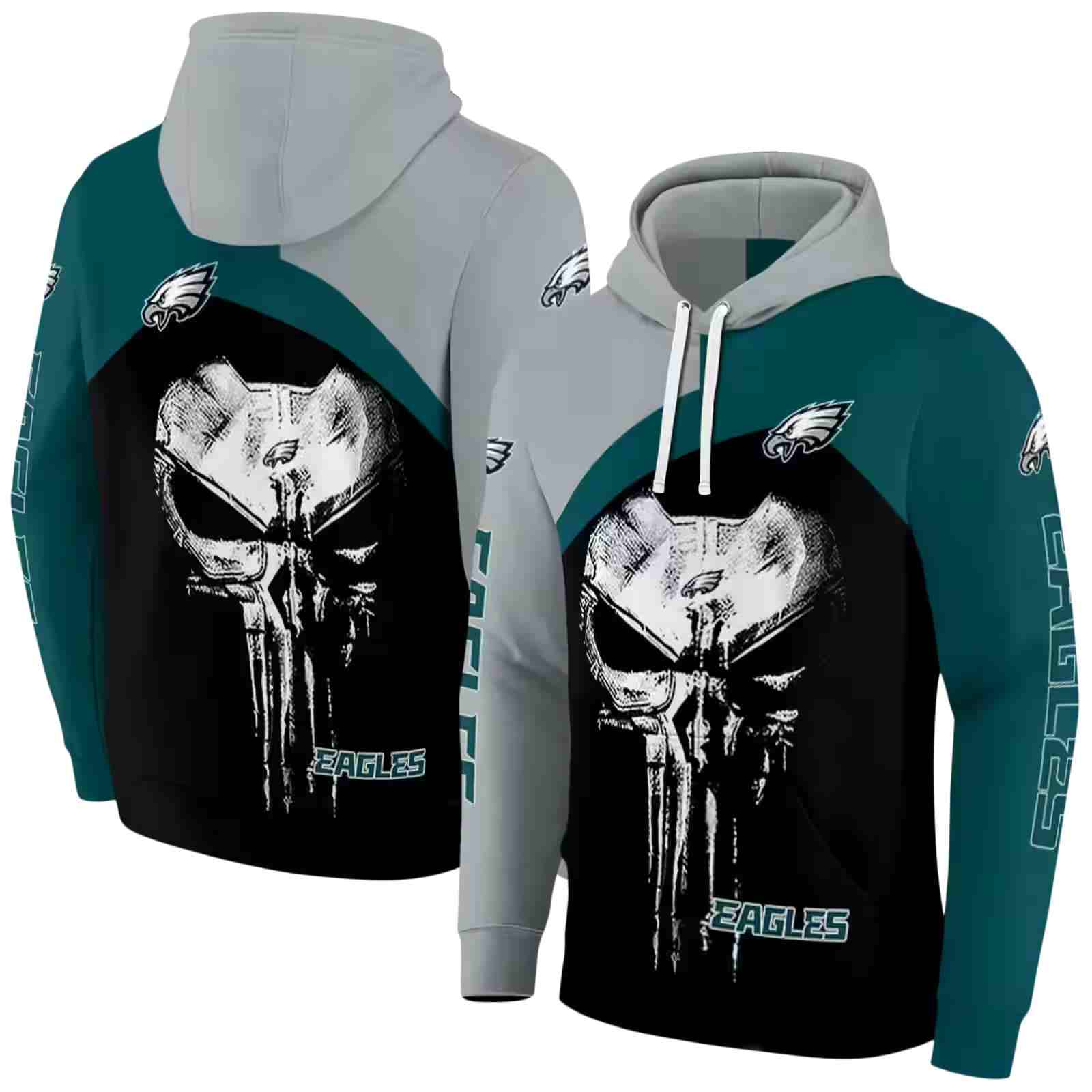 philadelphia eagles skull punisher silver black hoodie fashion forward