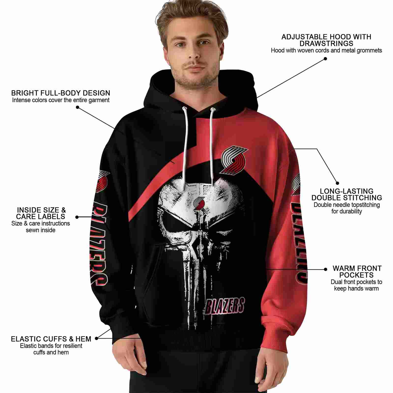 portland trail blazers skull punisher black hoodie latest model