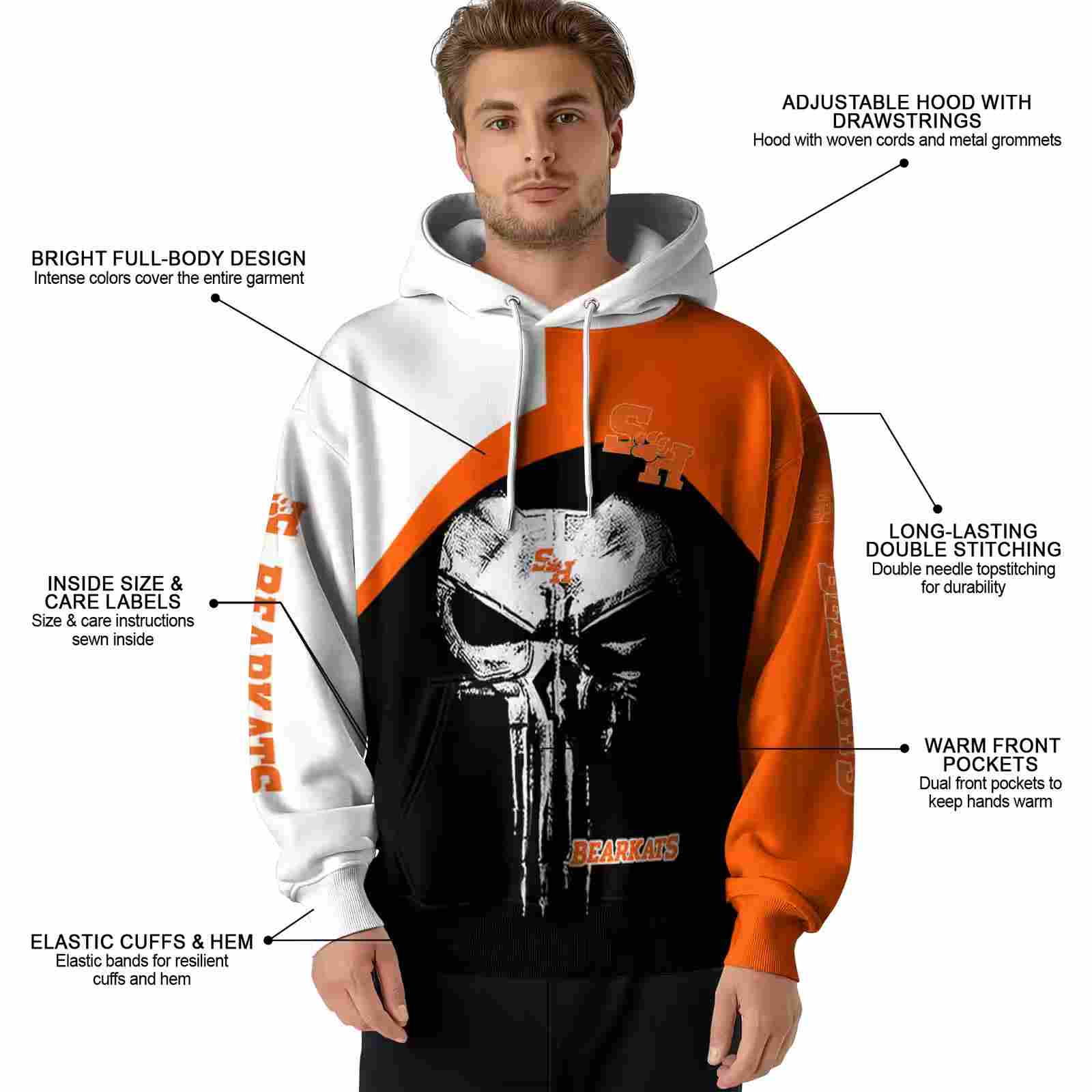 sam houston bearkats skull punisher white black hoodie latest model