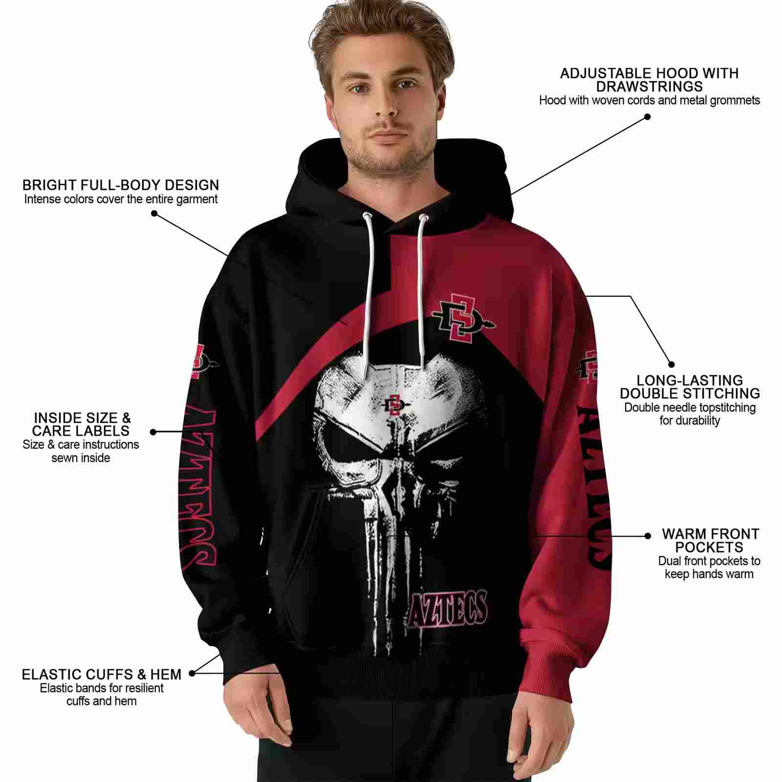 san diego state aztecs skull punisher black hoodie latest model