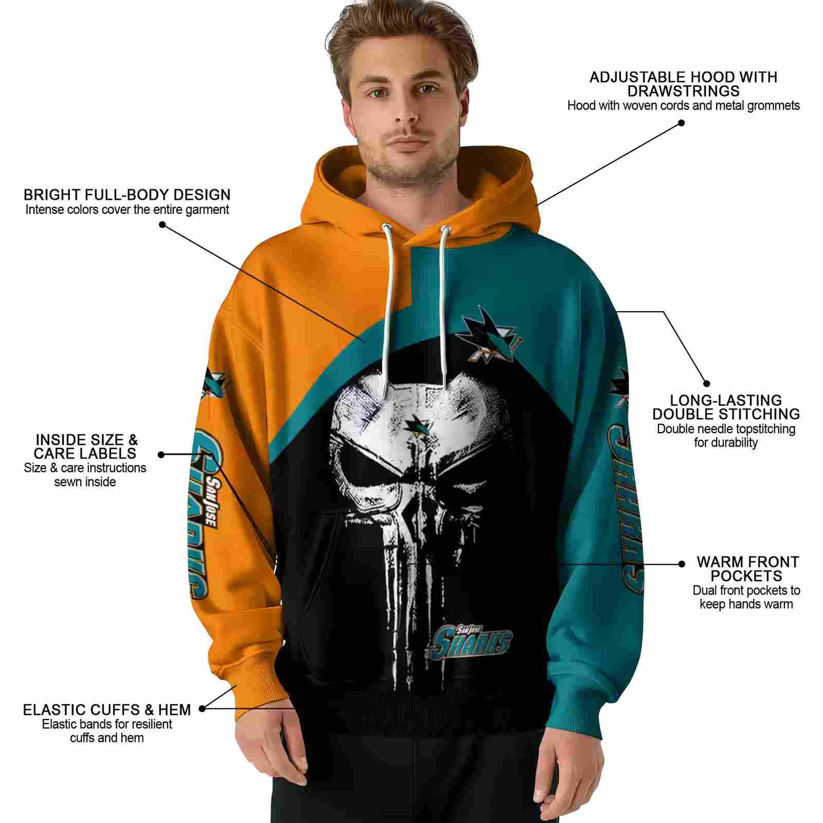 san jose sharks skull punisher orange black hoodie latest model