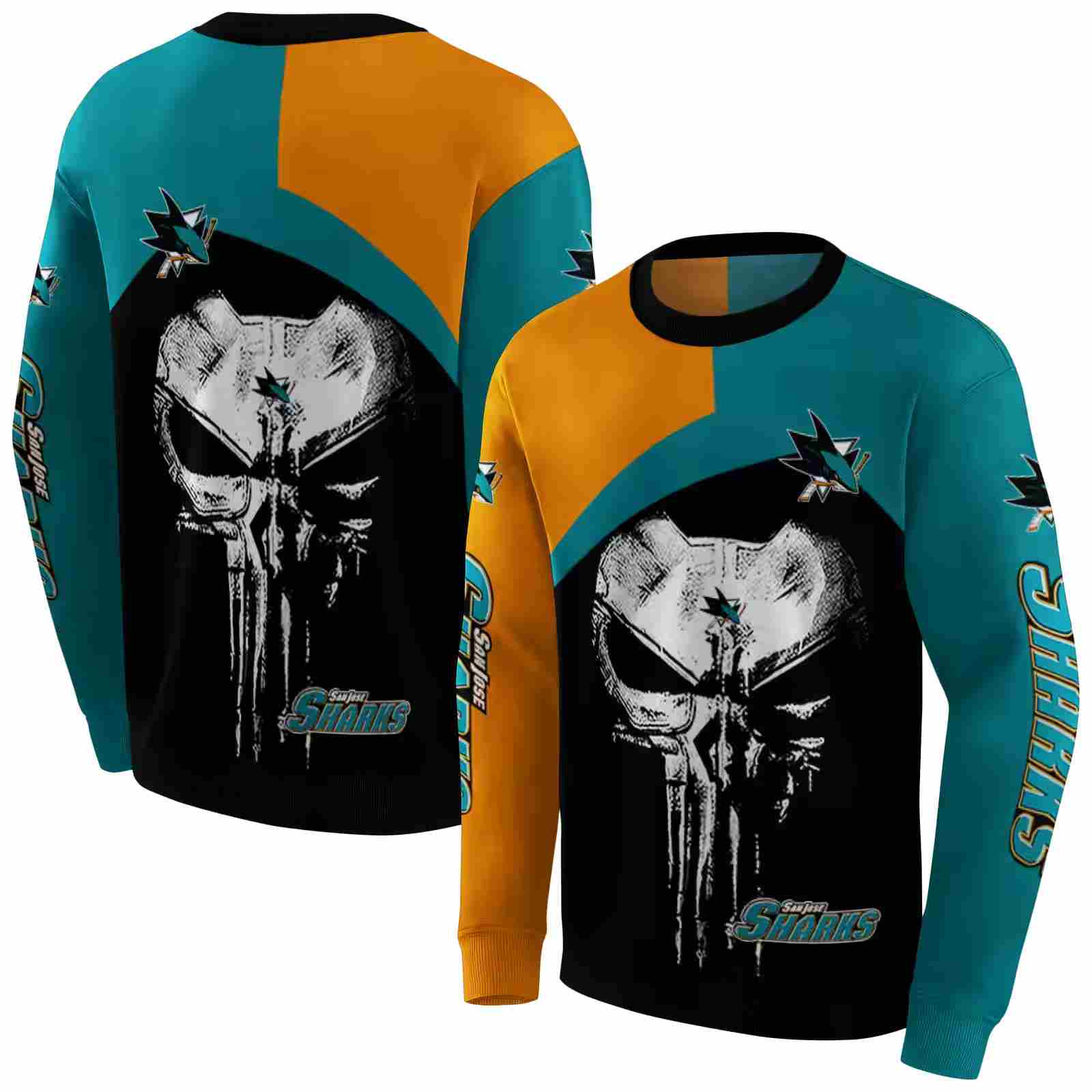 san jose sharks skull punisher orange black hoodie premium grade