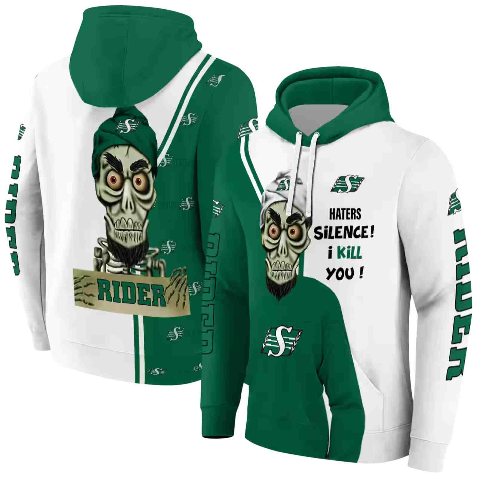 saskatchewan roughriders achmed skull green hoodie fashion forward