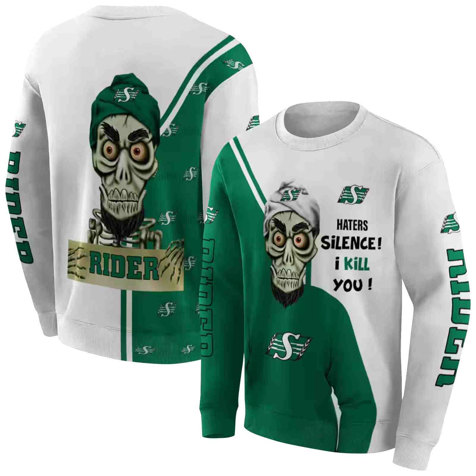 saskatchewan roughriders achmed skull green hoodie premium grade