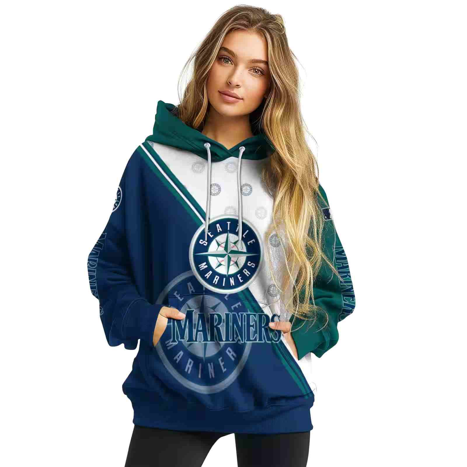 seattle mariners diagonal stripe navy blue white hoodie high quality