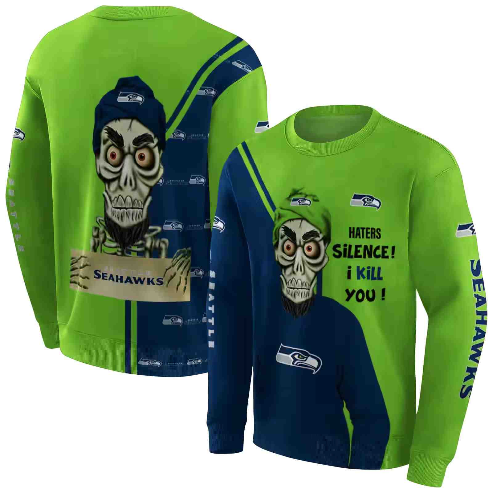 seattle seahawks achmed skull blue hoodie premium grade