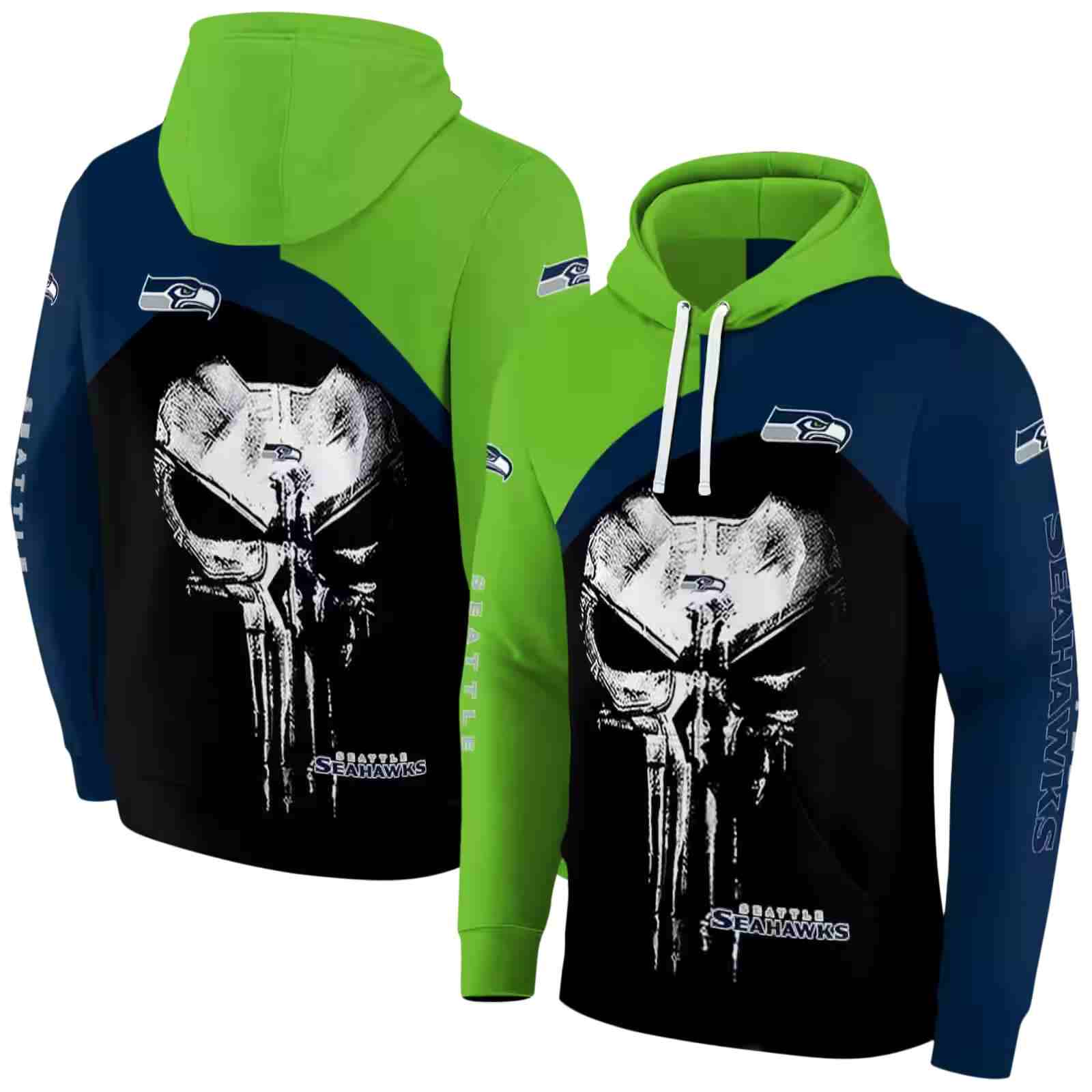 seattle seahawks skull punisher green black hoodie fashion forward