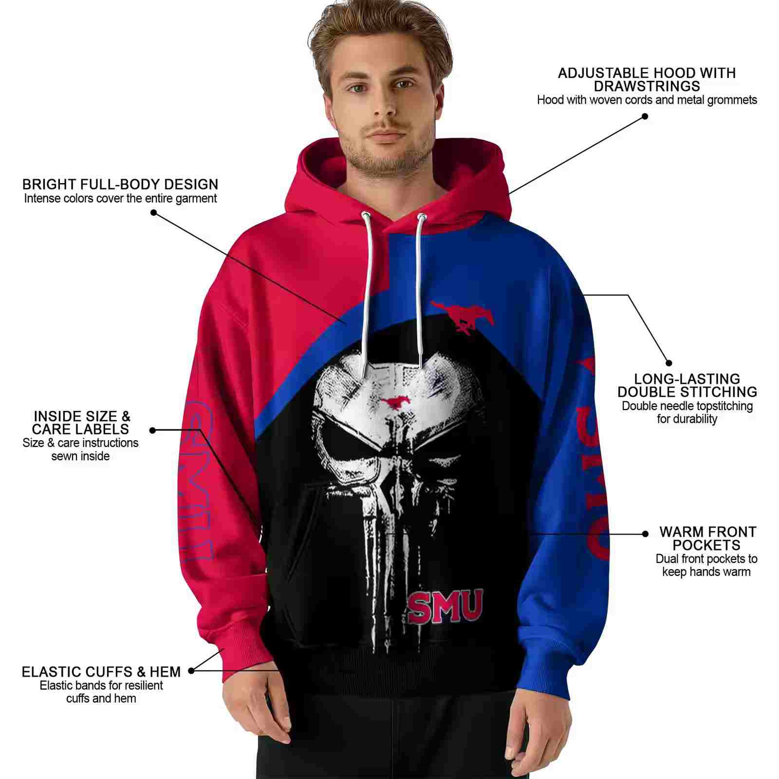 smu mustangs skull punisher red black hoodie latest model