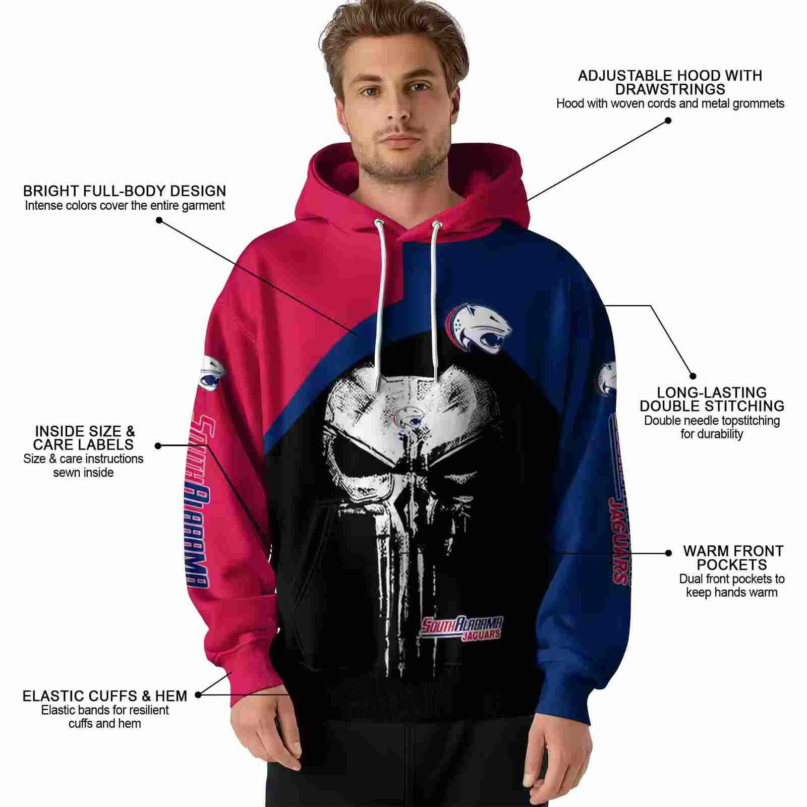 south alabama jaguars skull punisher red black hoodie latest model