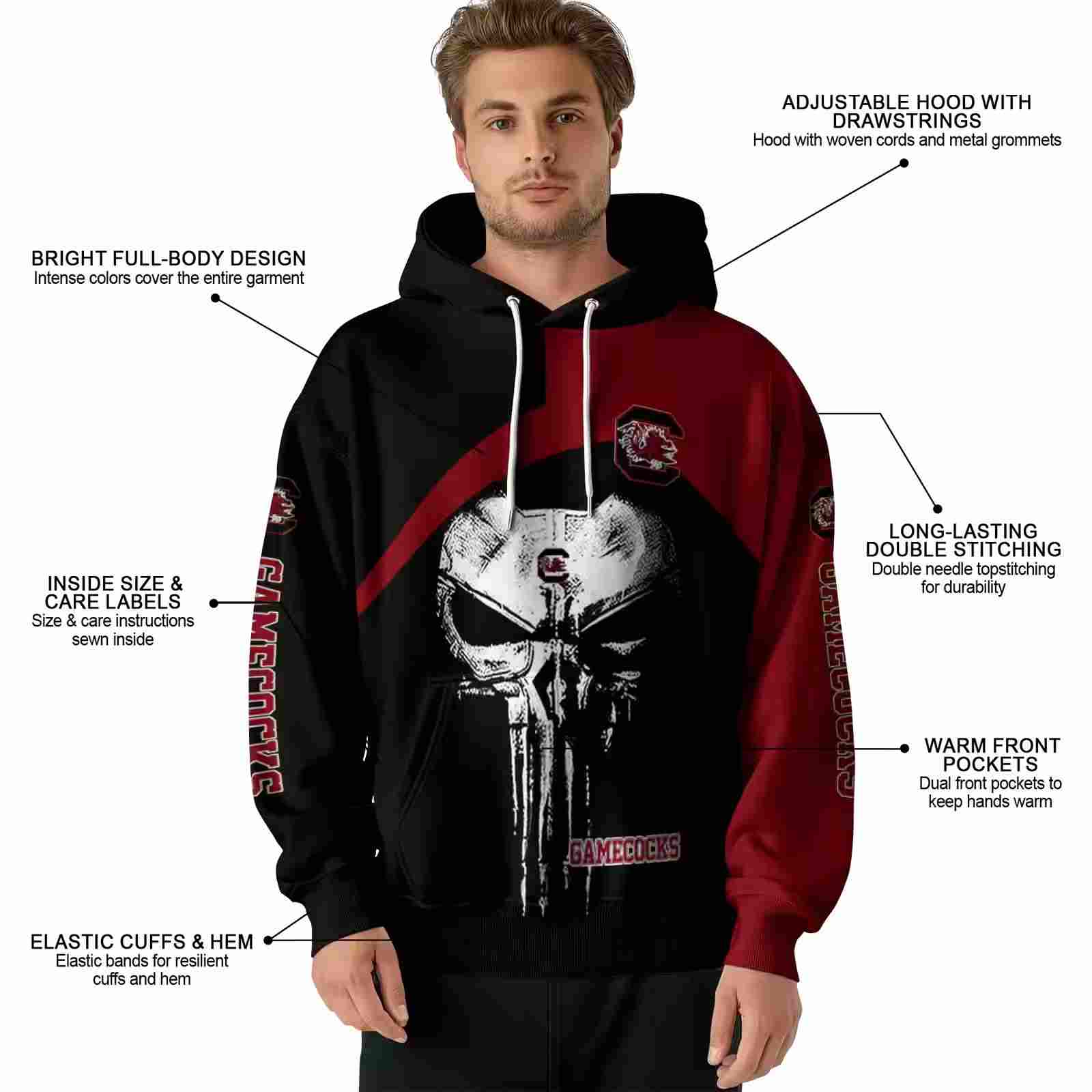 south carolina gamecocks skull punisher black hoodie latest model