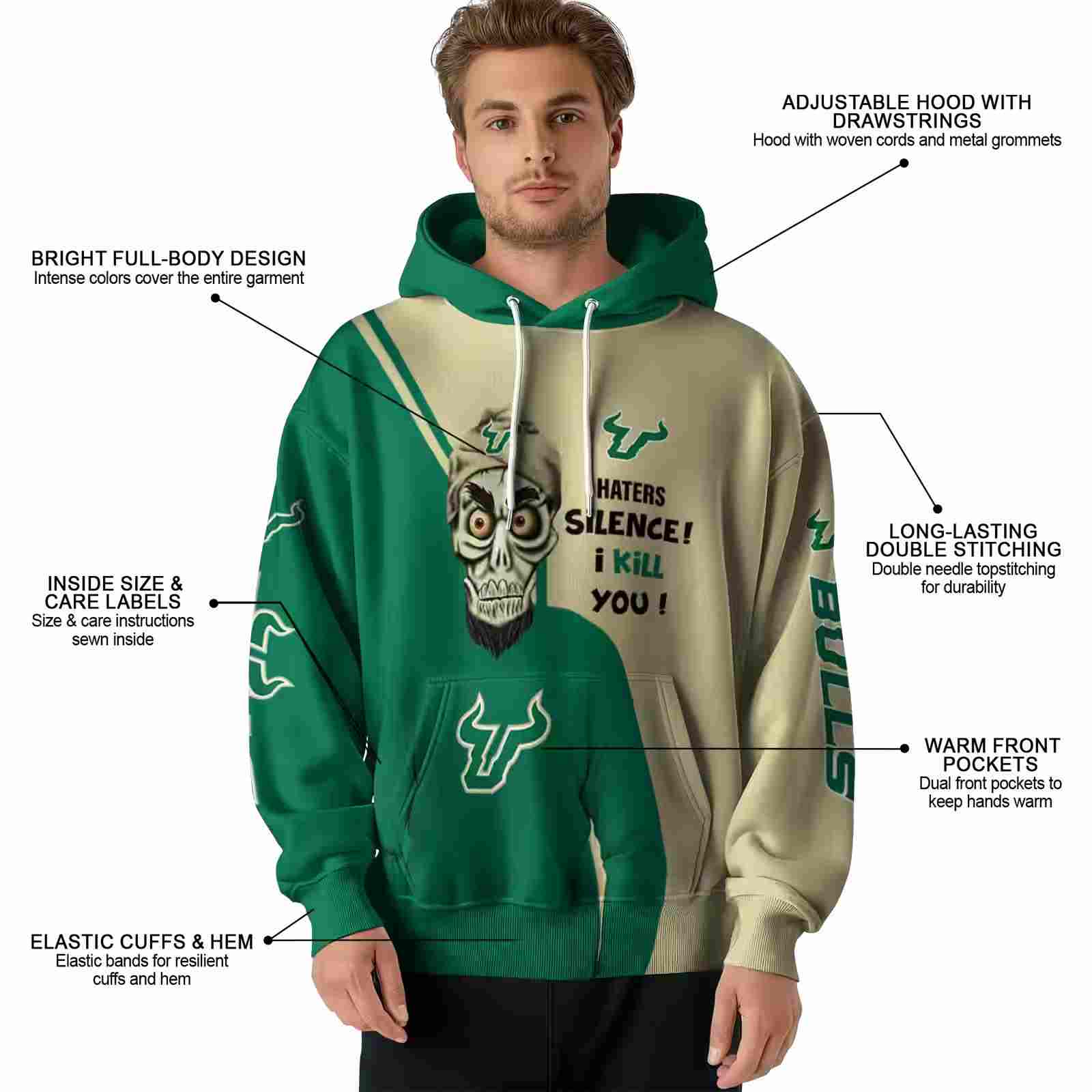 south florida bulls achmed skull green hoodie latest model