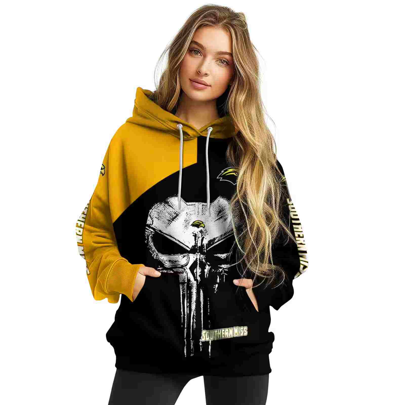 southern miss golden eagles skull punisher gold black hoodie high quality