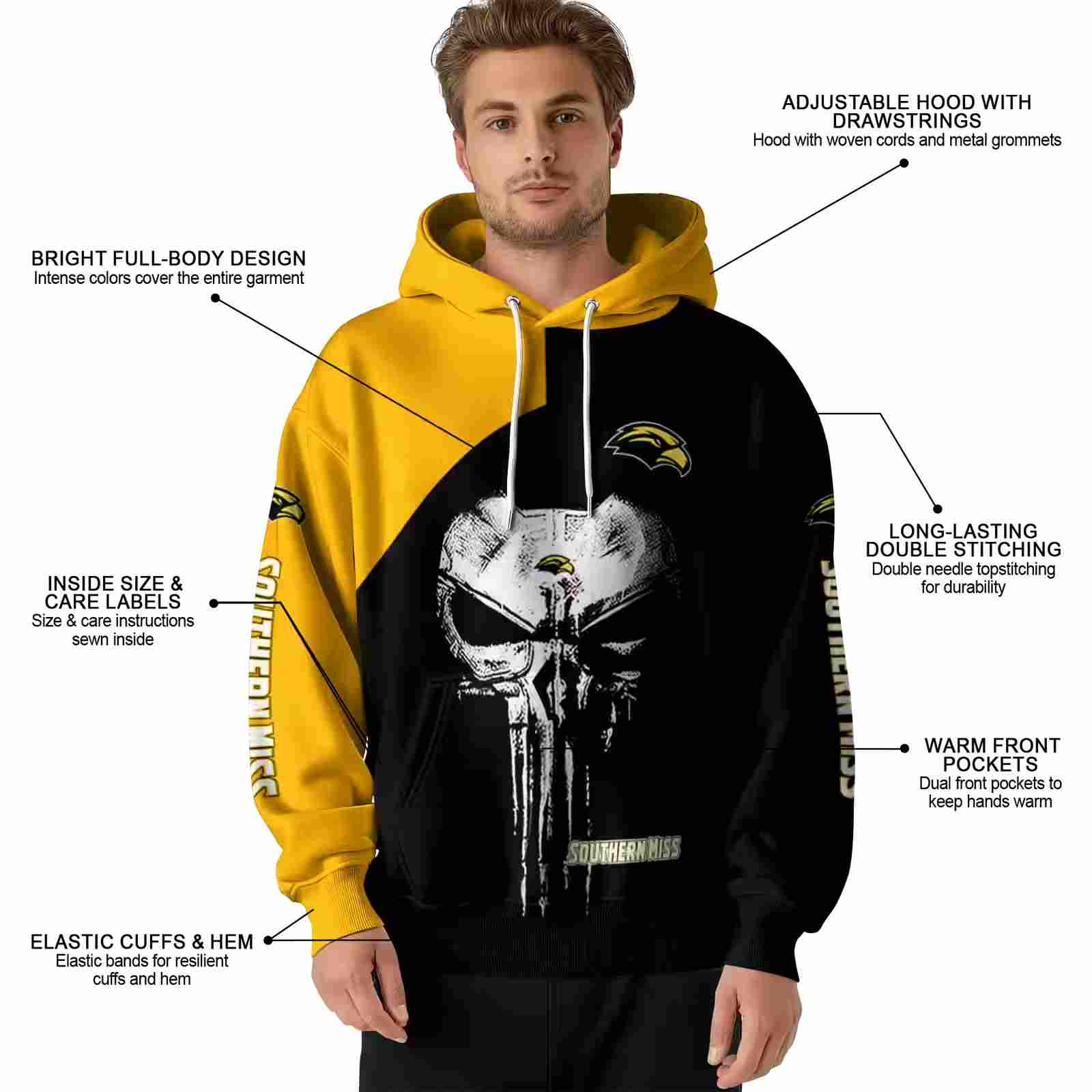 southern miss golden eagles skull punisher gold black hoodie latest model