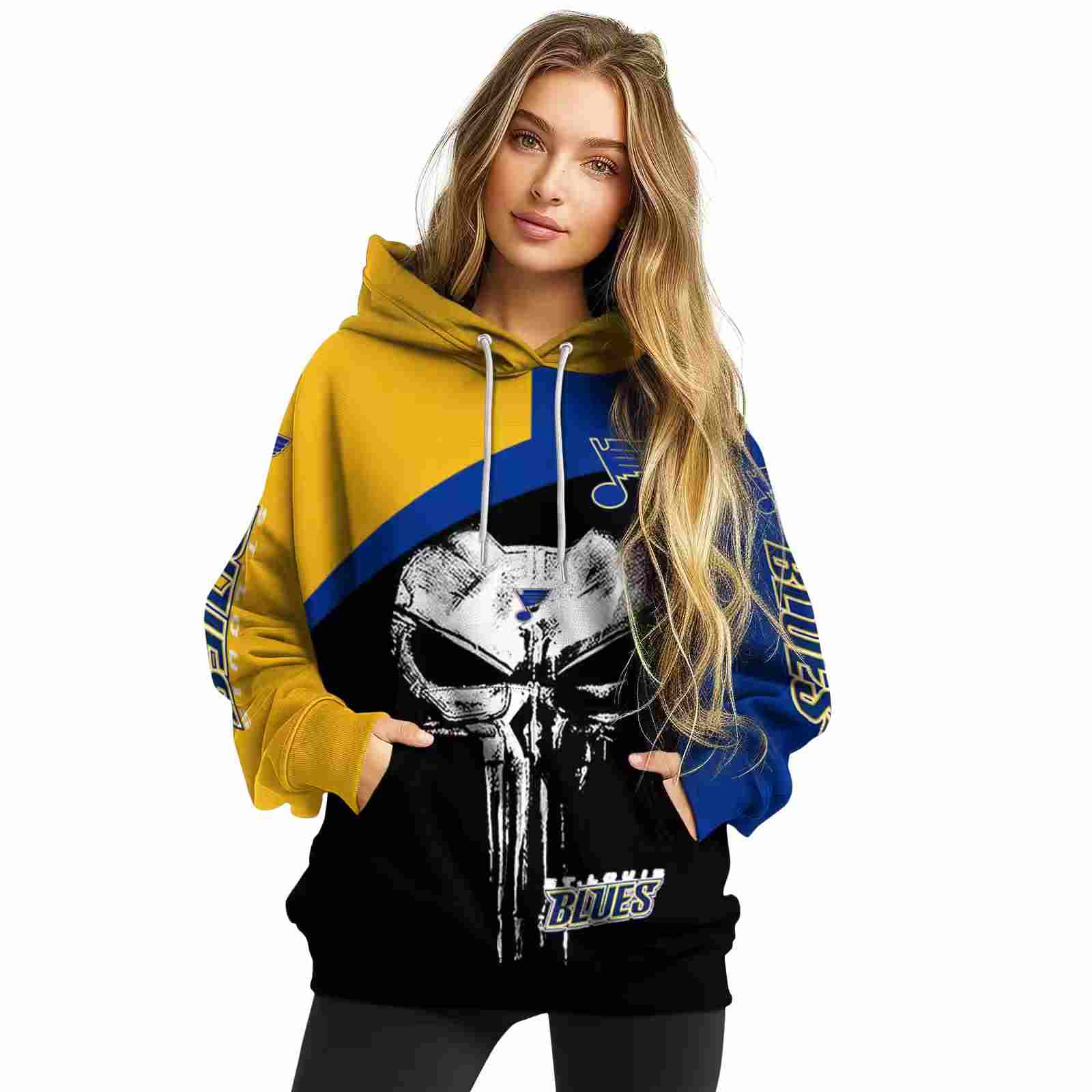 st louis blues skull punisher yellow black hoodie high quality