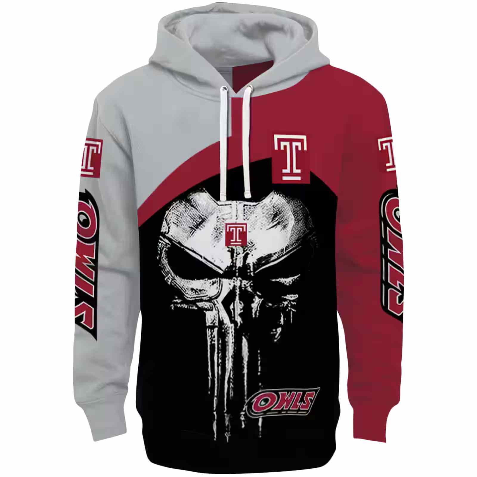 Temple Owls Skull Punisher Silver Black Hoodie