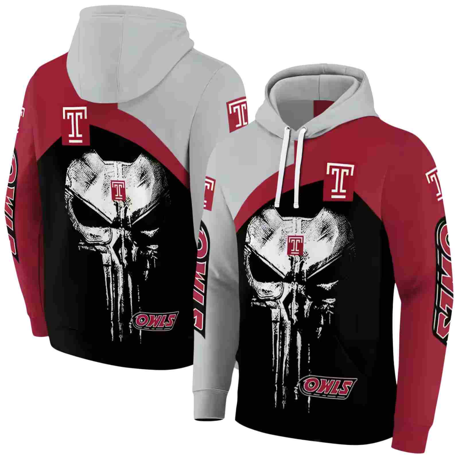 temple owls skull punisher silver black hoodie fashion forward