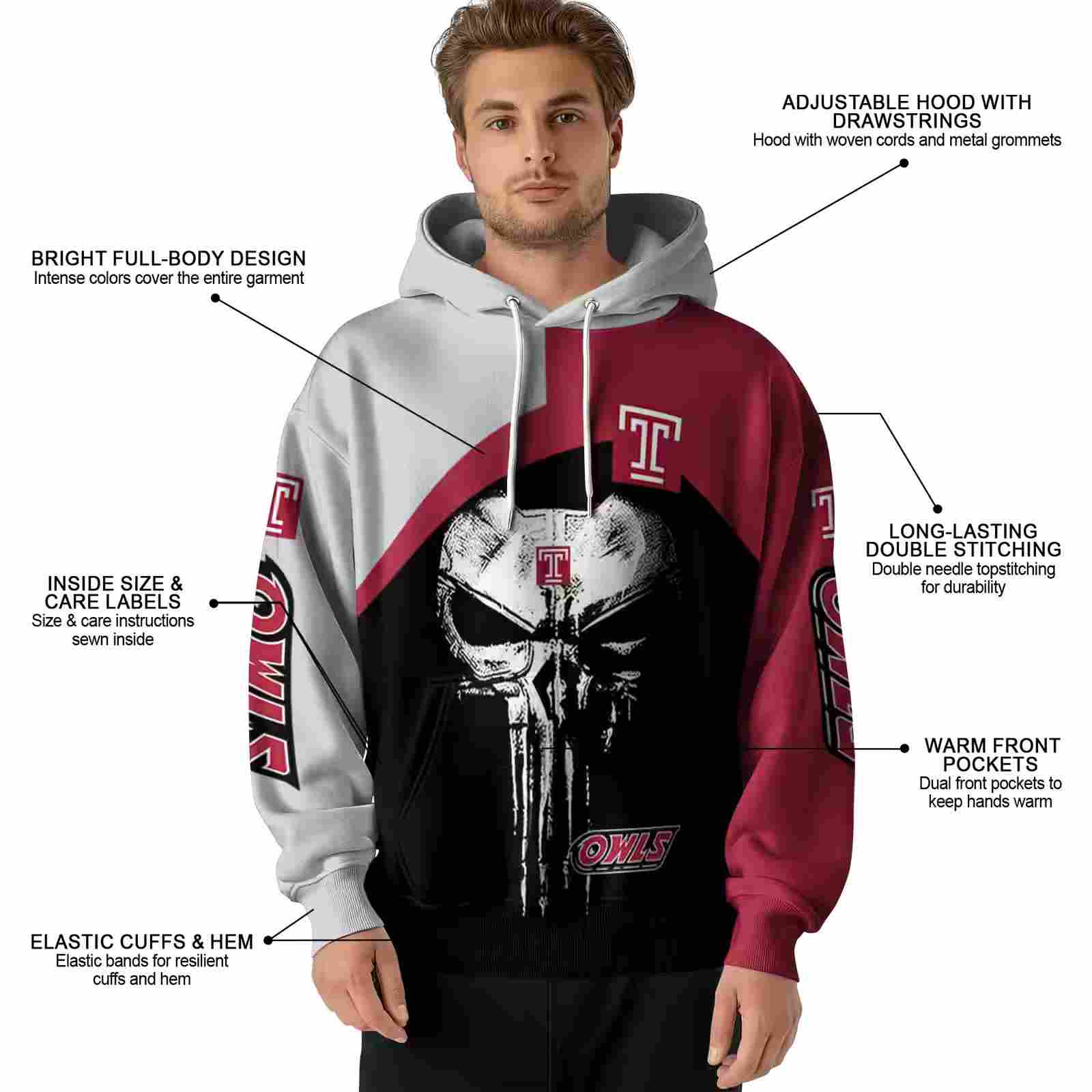 temple owls skull punisher silver black hoodie latest model