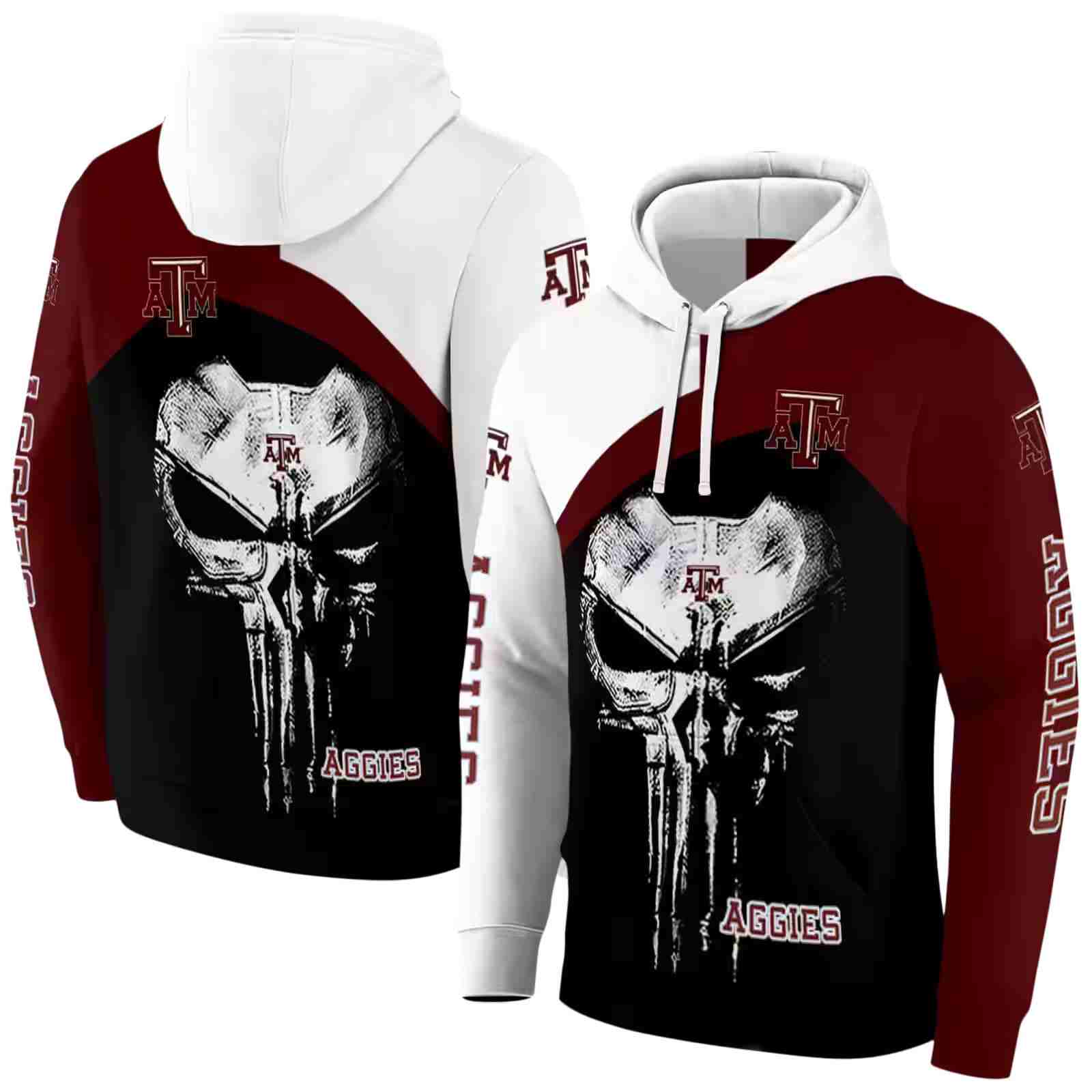 texas am aggies skull punisher white black hoodie fashion forward