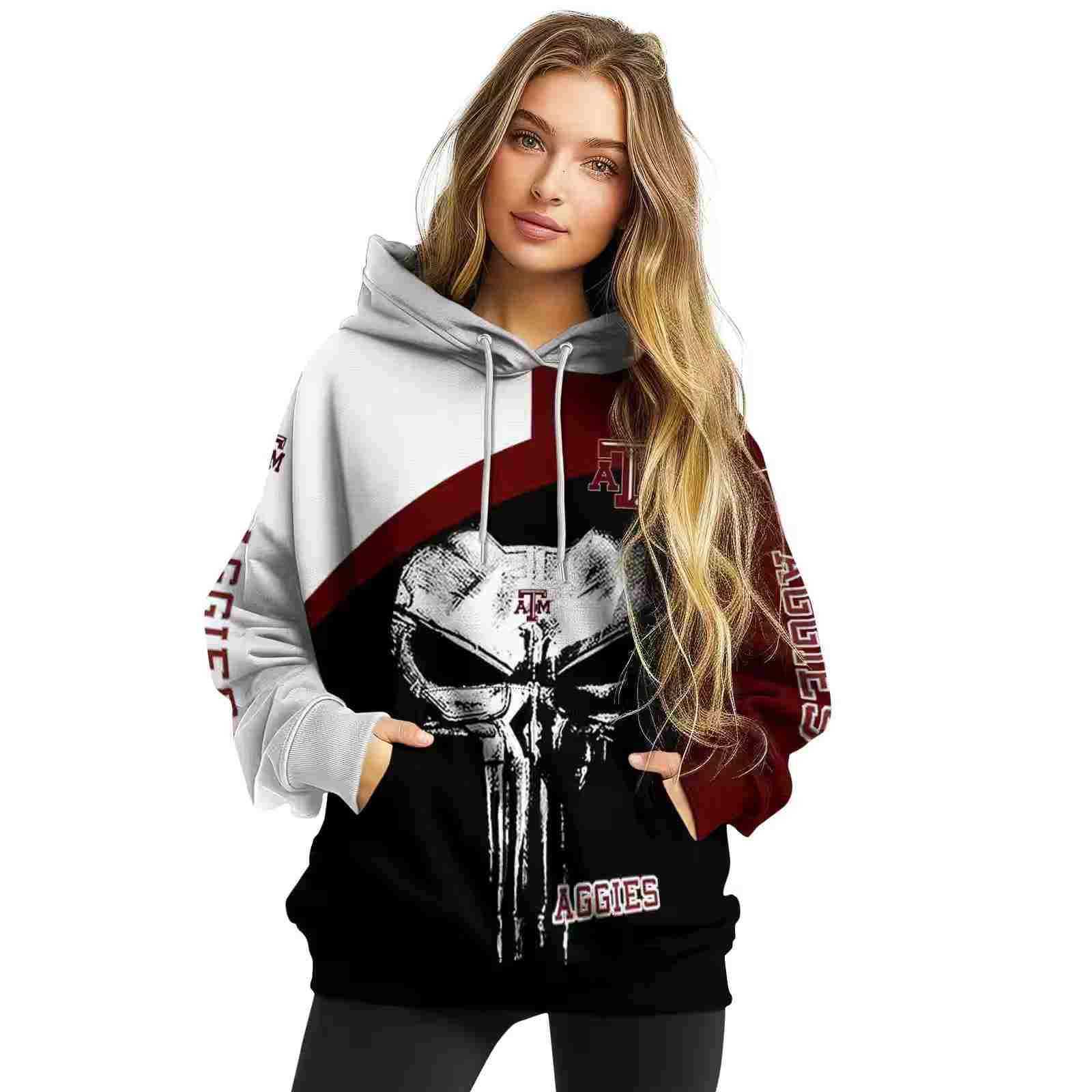 texas am aggies skull punisher white black hoodie high quality