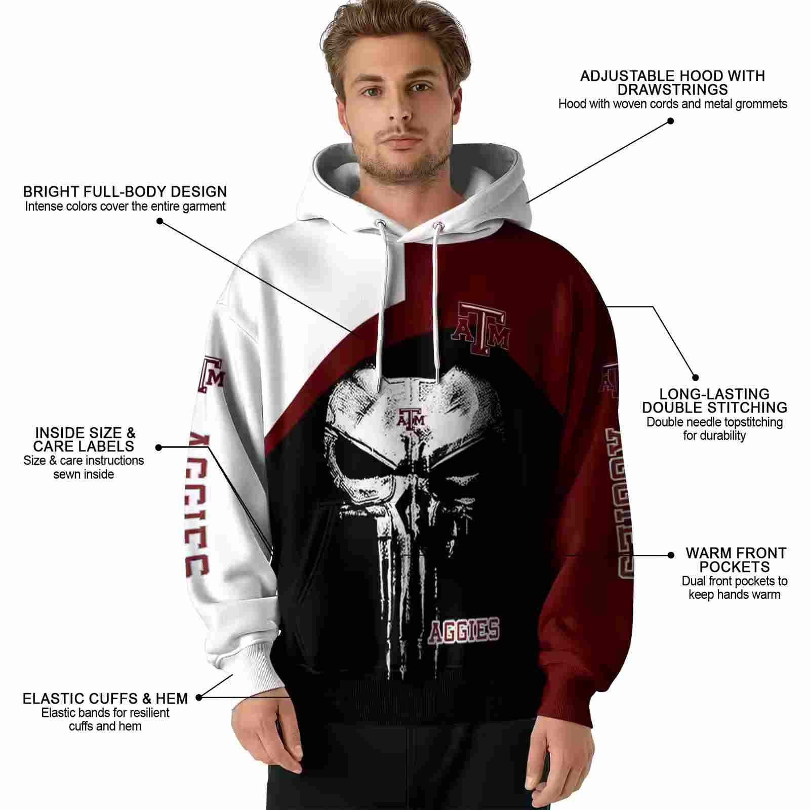 texas am aggies skull punisher white black hoodie latest model