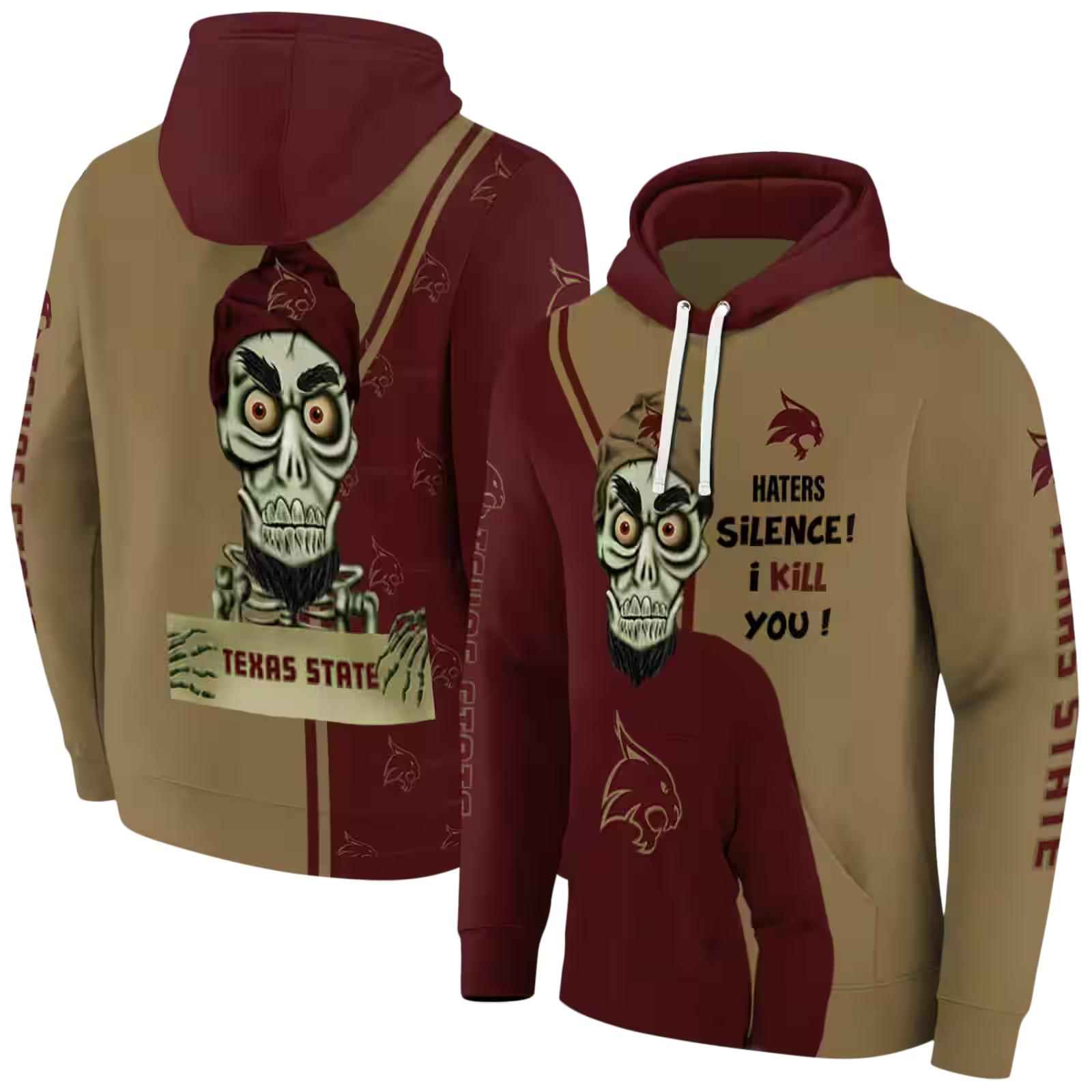 texas state bobcats achmed skull maroon hoodie fashion forward