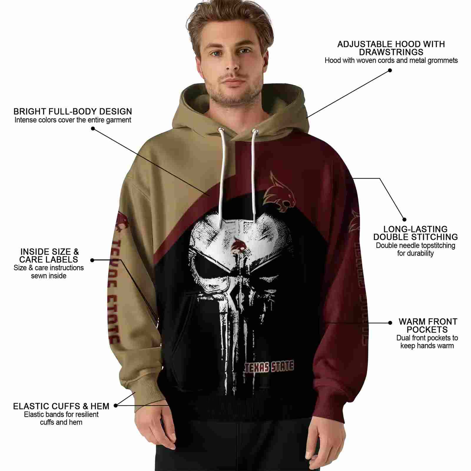 texas state bobcats skull punisher gold black hoodie latest model