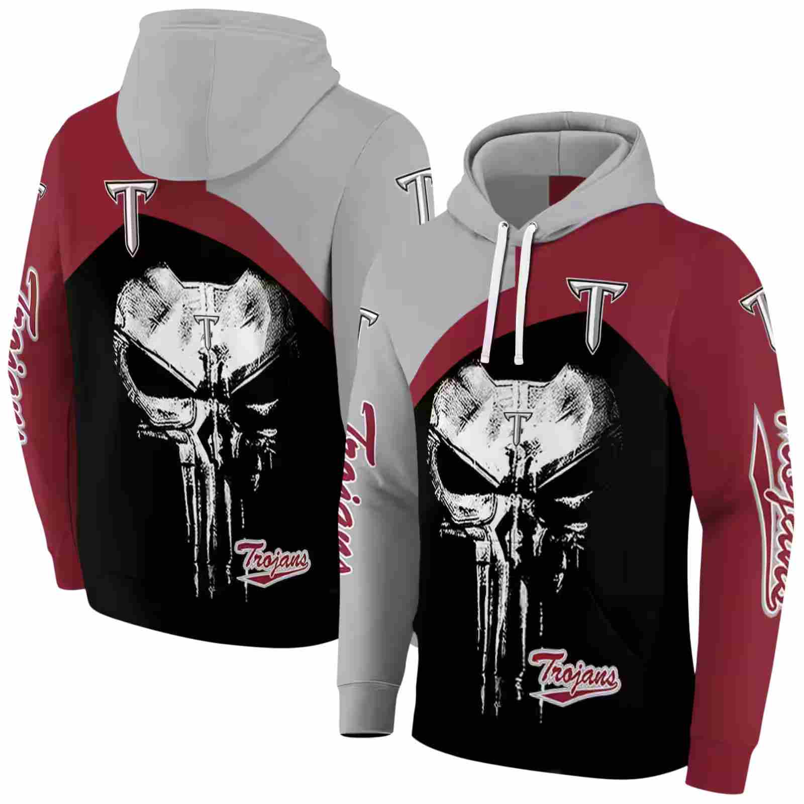 troy trojans skull punisher grey black hoodie fashion forward