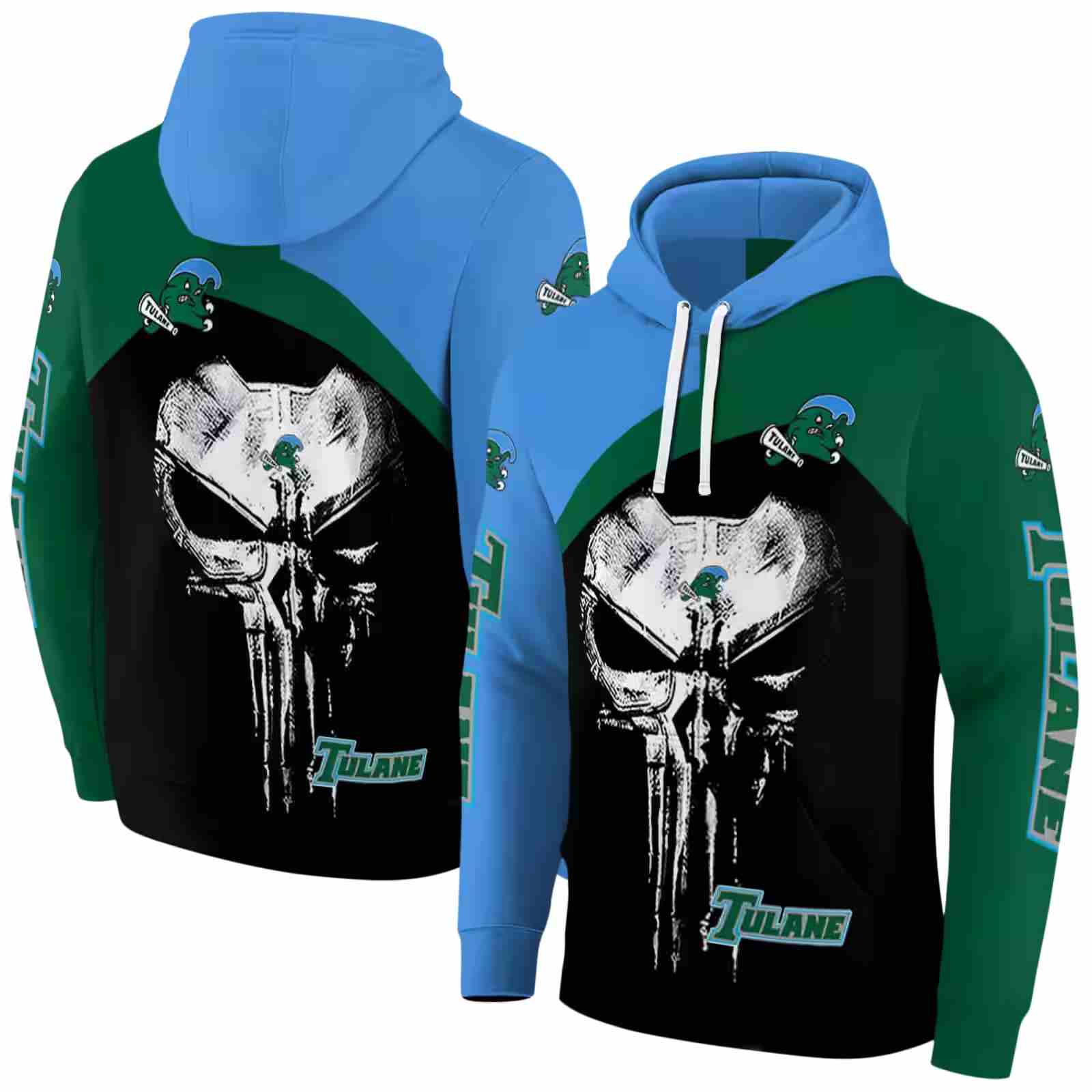 tulane green wave skull punisher blue black hoodie fashion forward