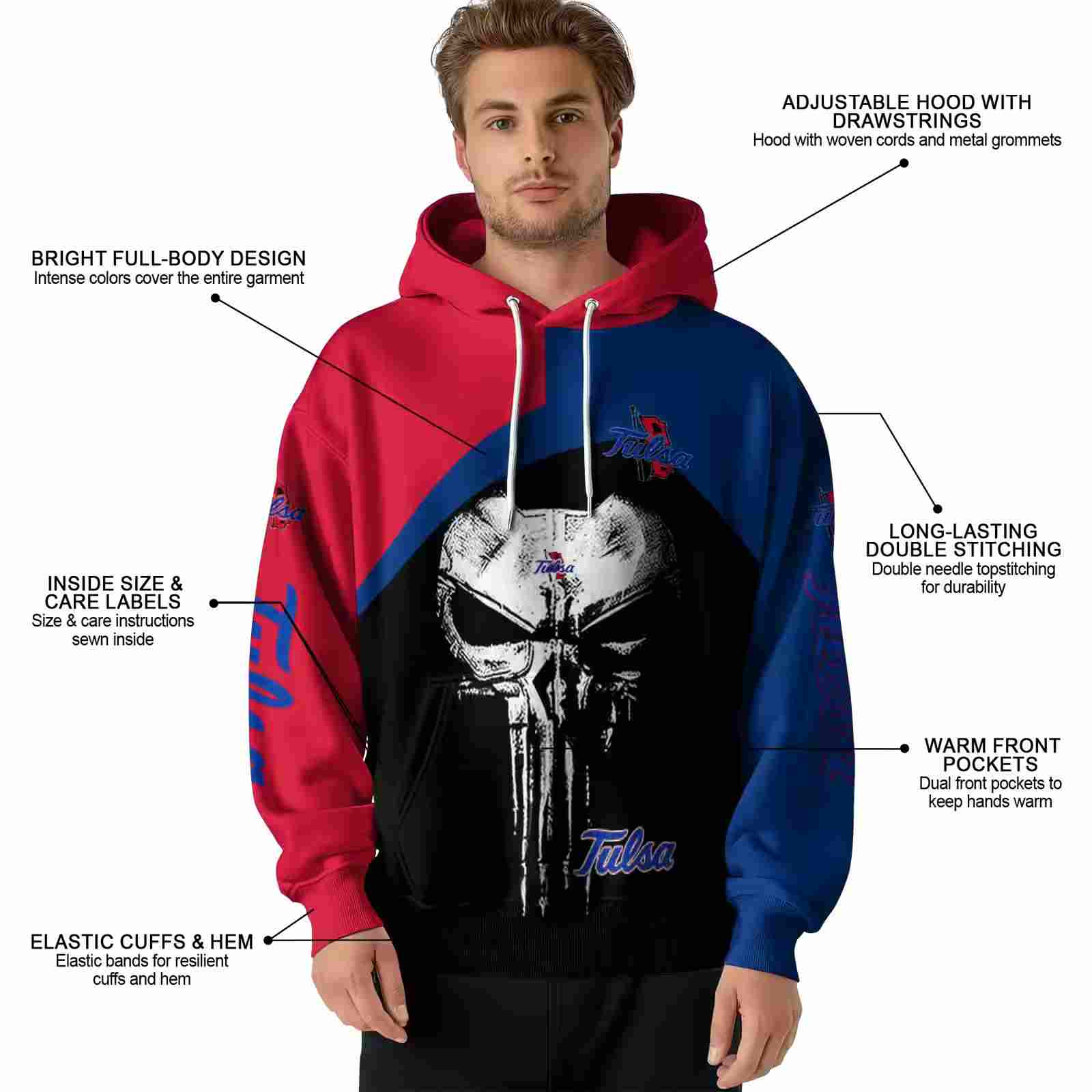 tulsa golden hurricane skull punisher red black hoodie latest model