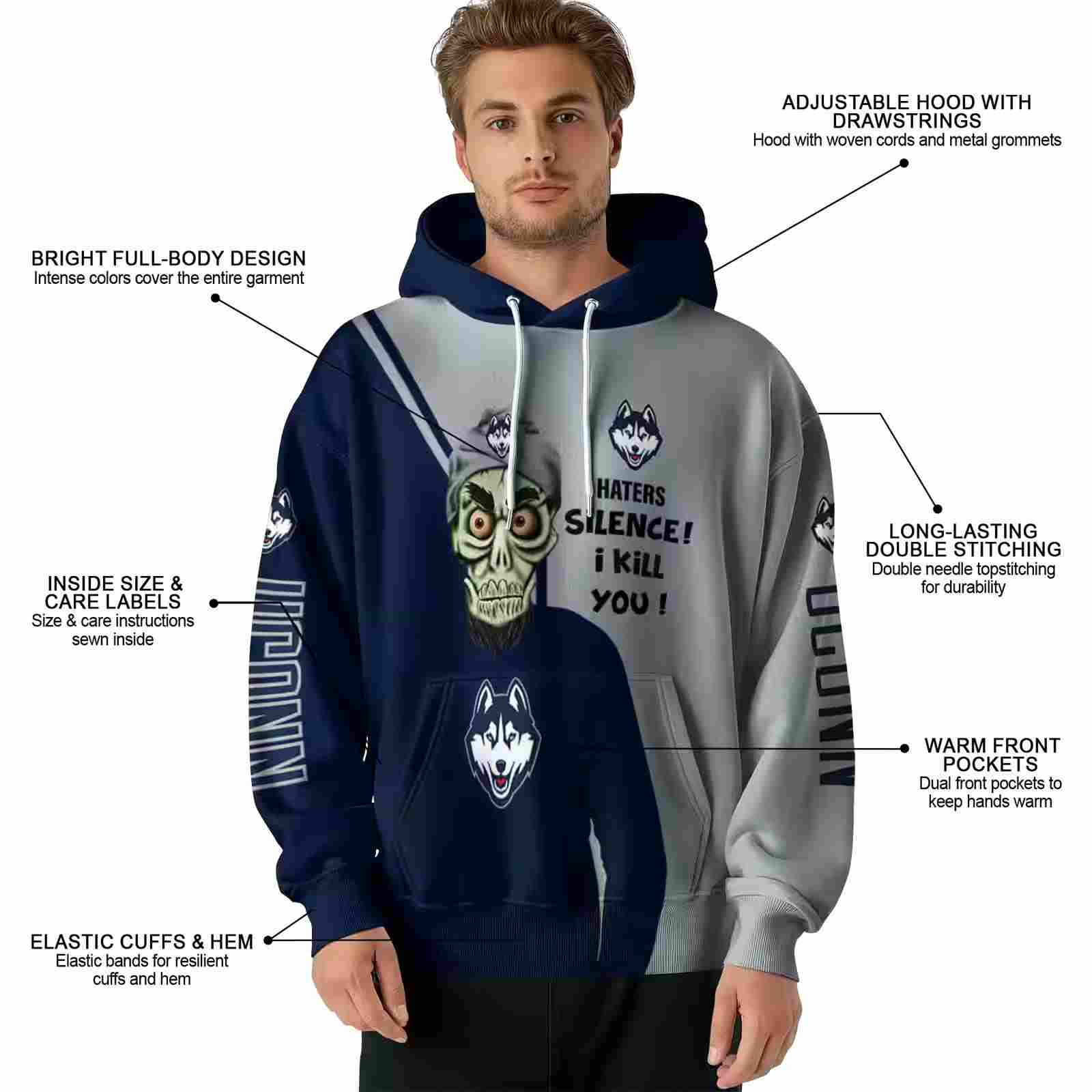 uconn huskies achmed skull blue hoodie latest model