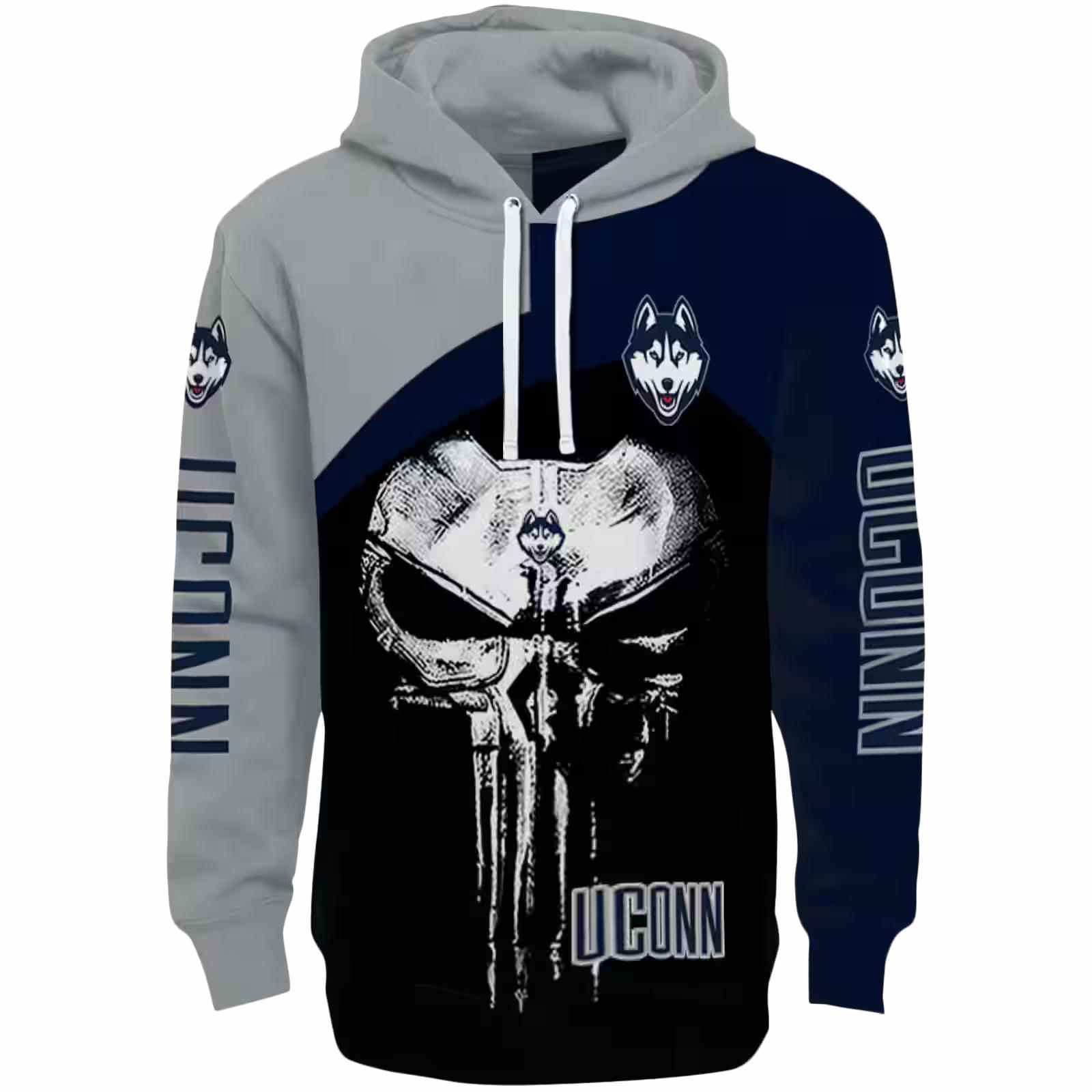 UConn Huskies Skull Punisher Grey Black Hoodie