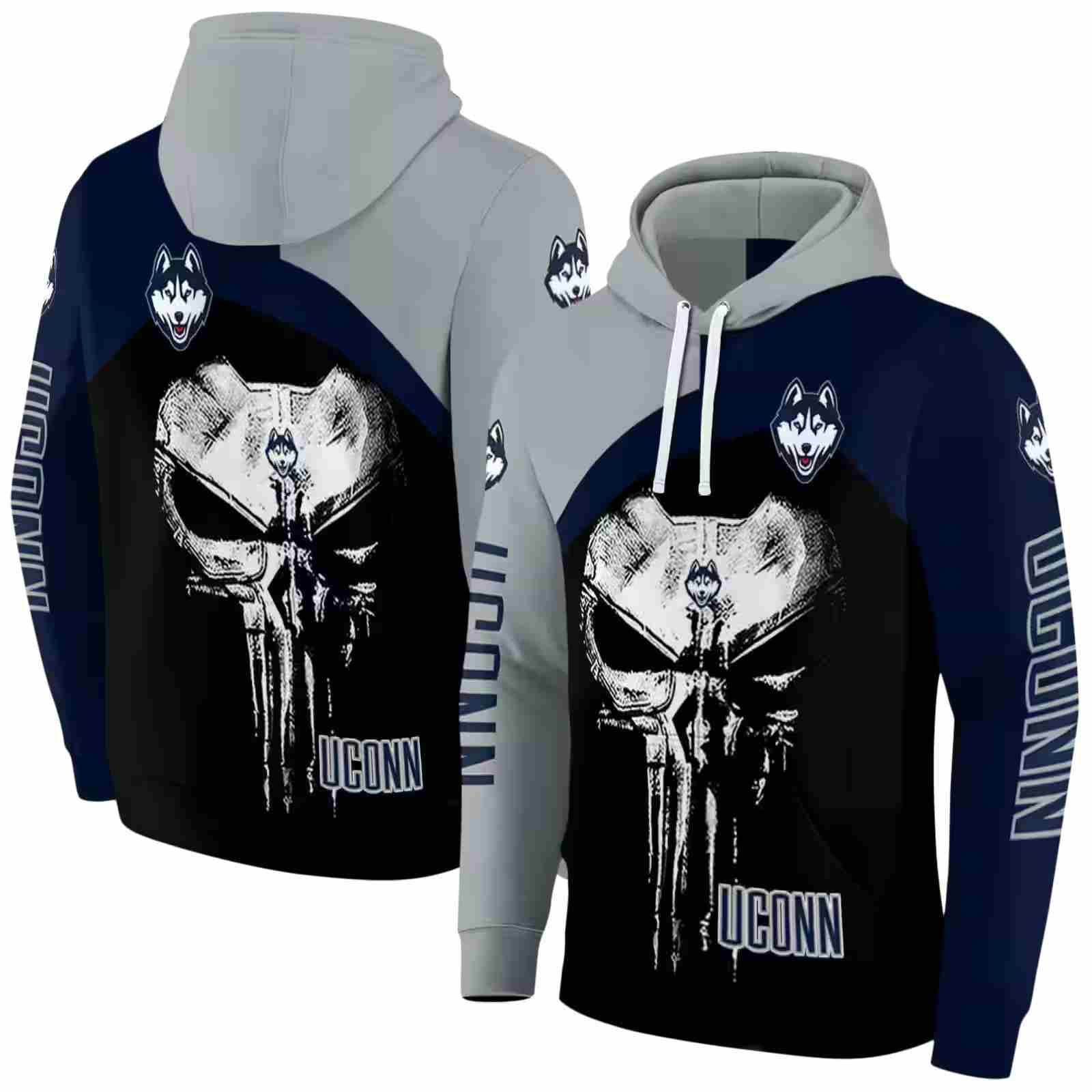 uconn huskies skull punisher grey black hoodie fashion forward