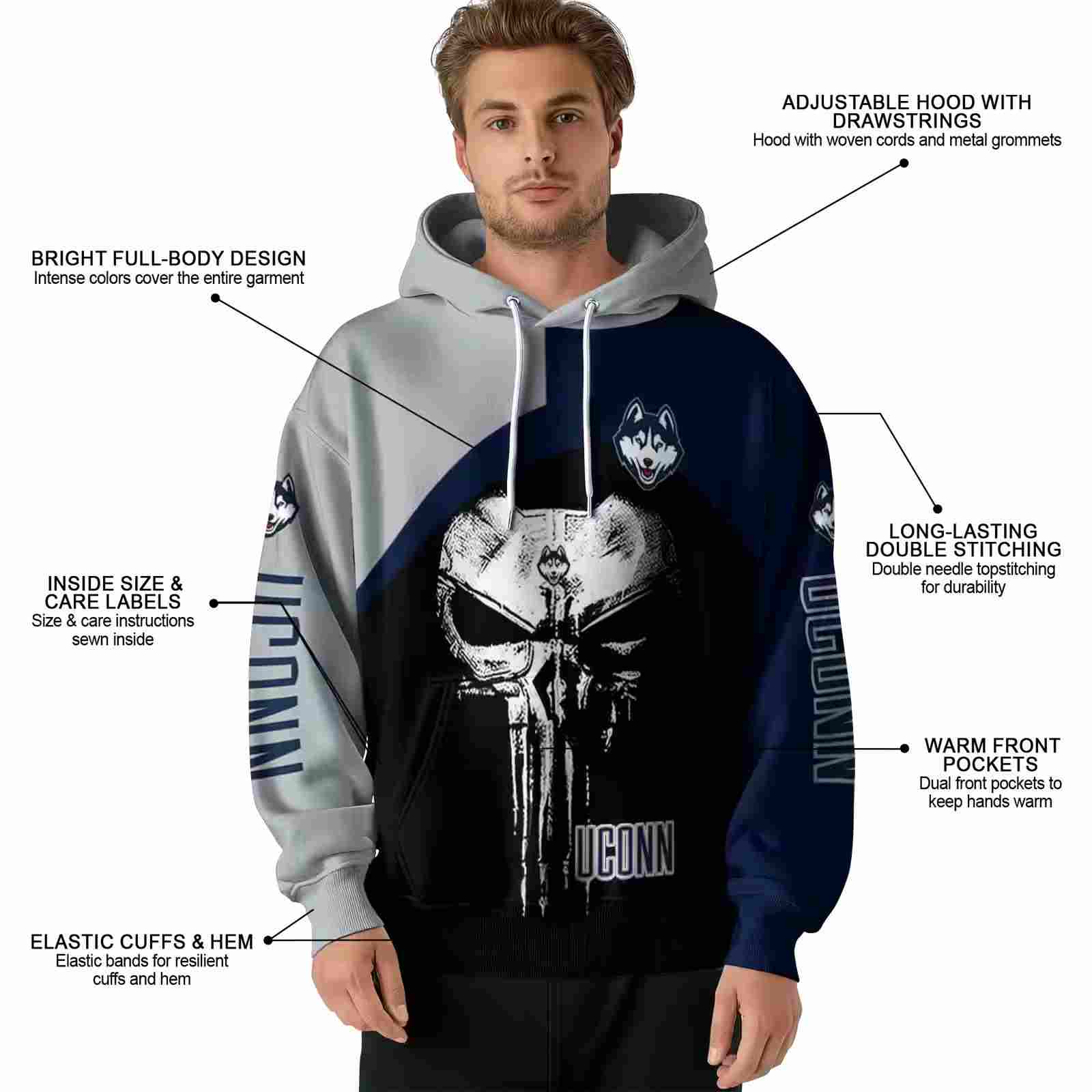 uconn huskies skull punisher grey black hoodie latest model