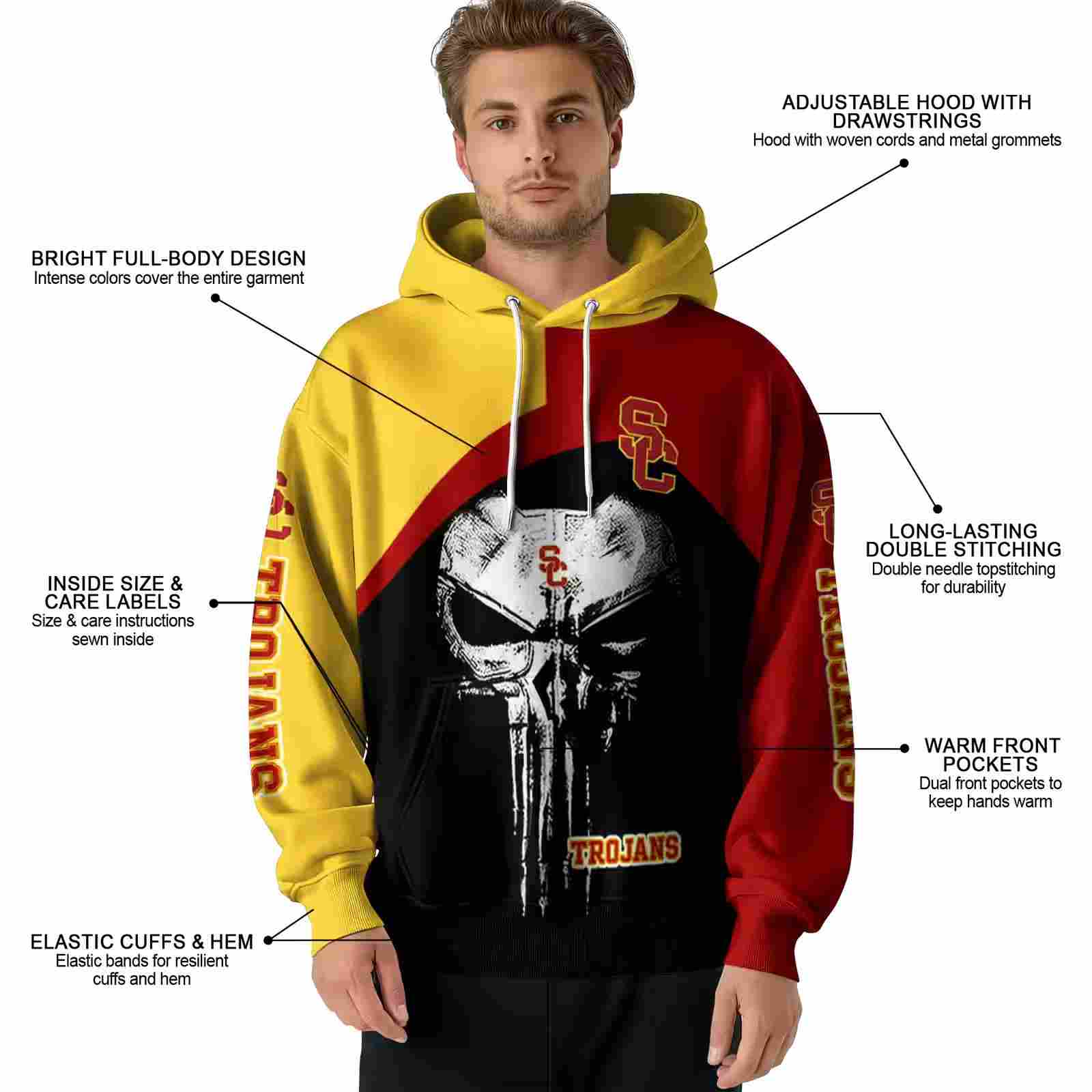 usc trojans skull punisher yellow black hoodie latest model