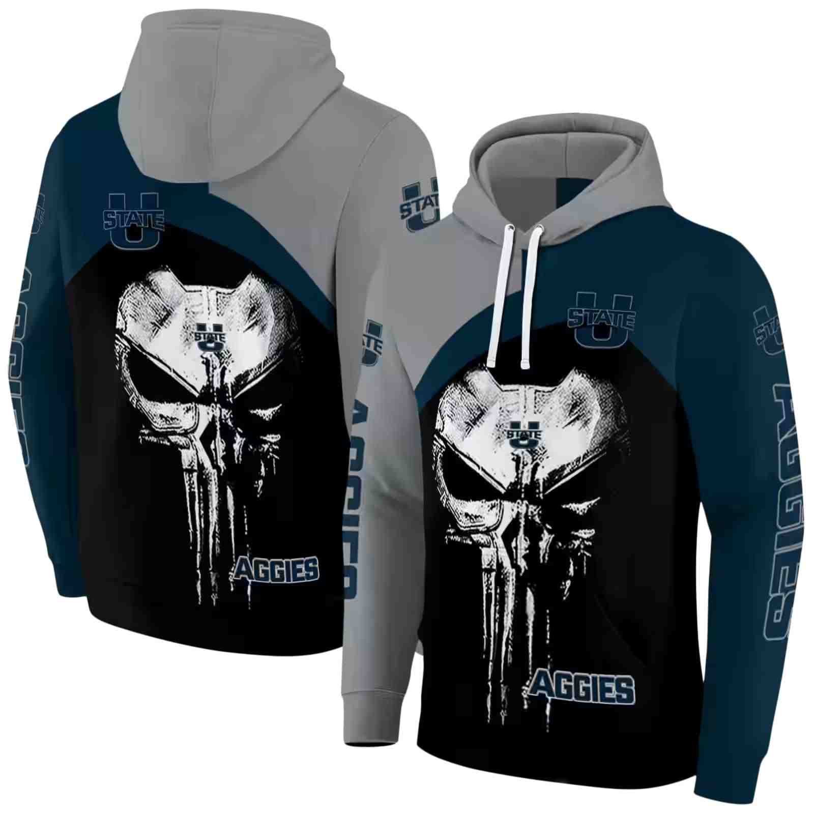 utah state aggies skull punisher grey black hoodie fashion forward