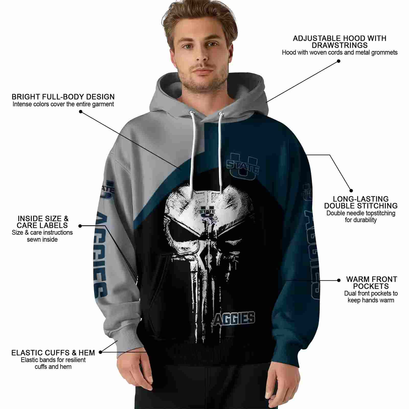 utah state aggies skull punisher grey black hoodie latest model