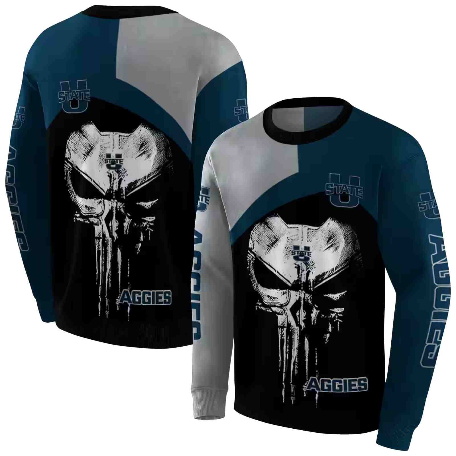 utah state aggies skull punisher grey black hoodie premium grade