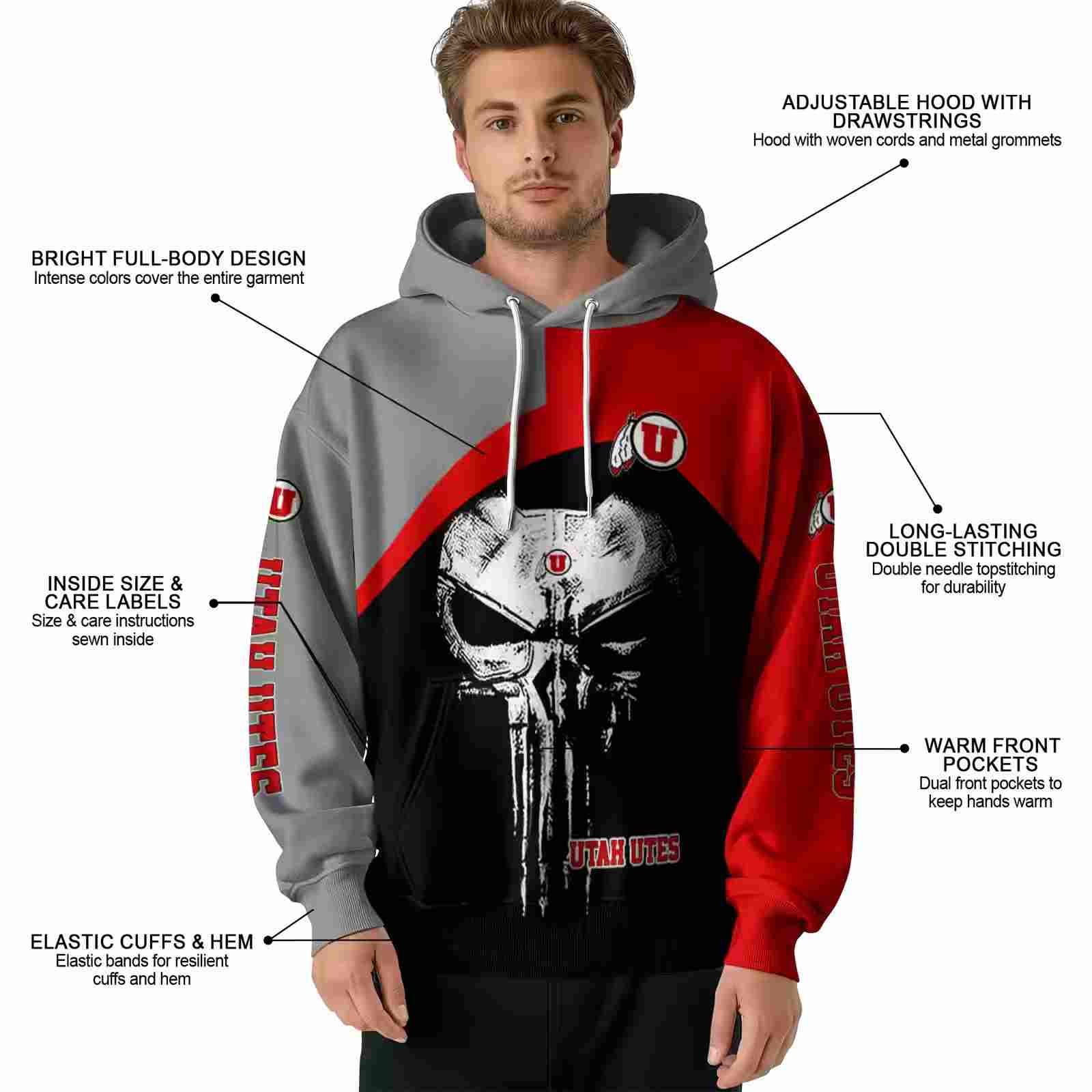 utah utes skull punisher gray black hoodie latest model