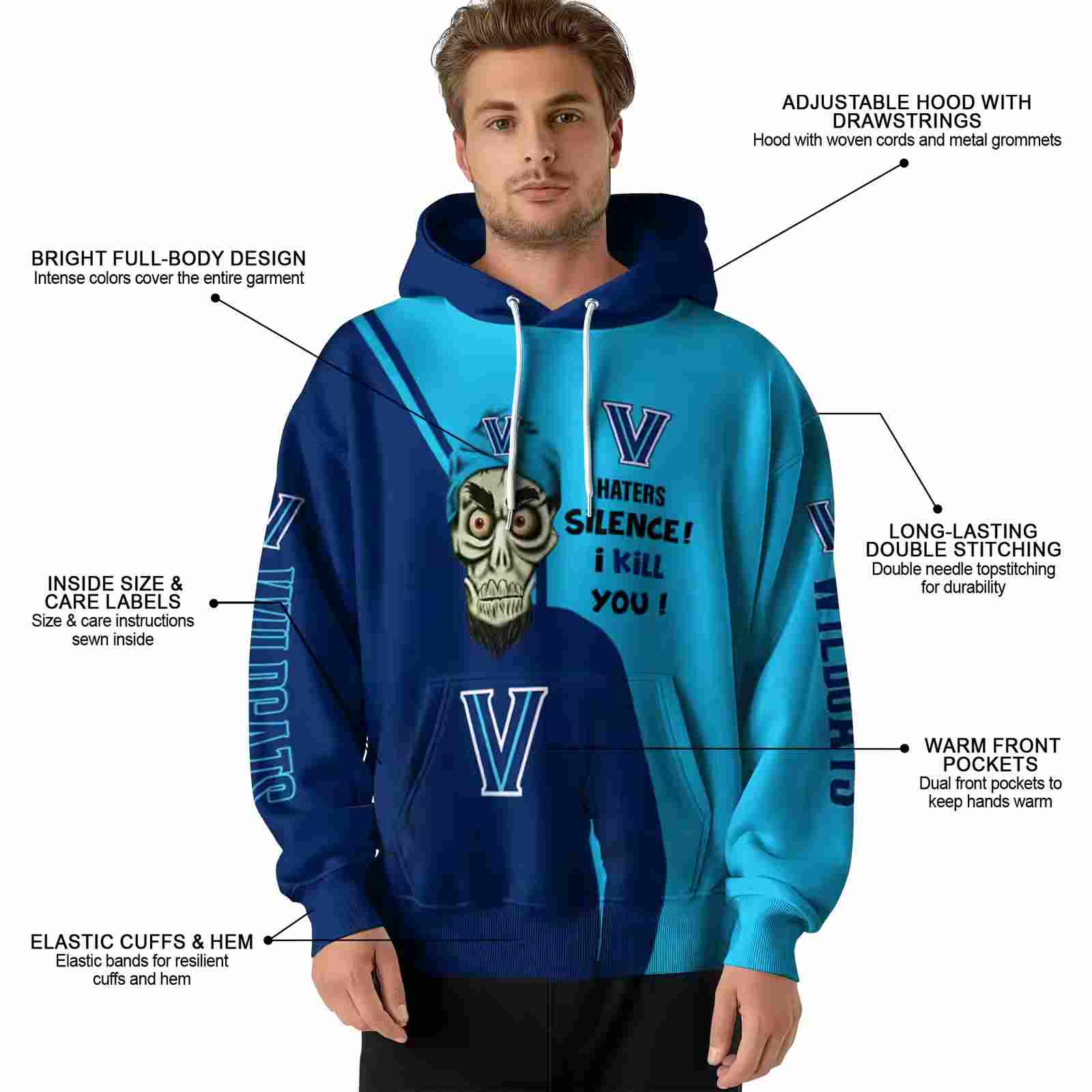 villanova wildcats achmed skull navy hoodie latest model