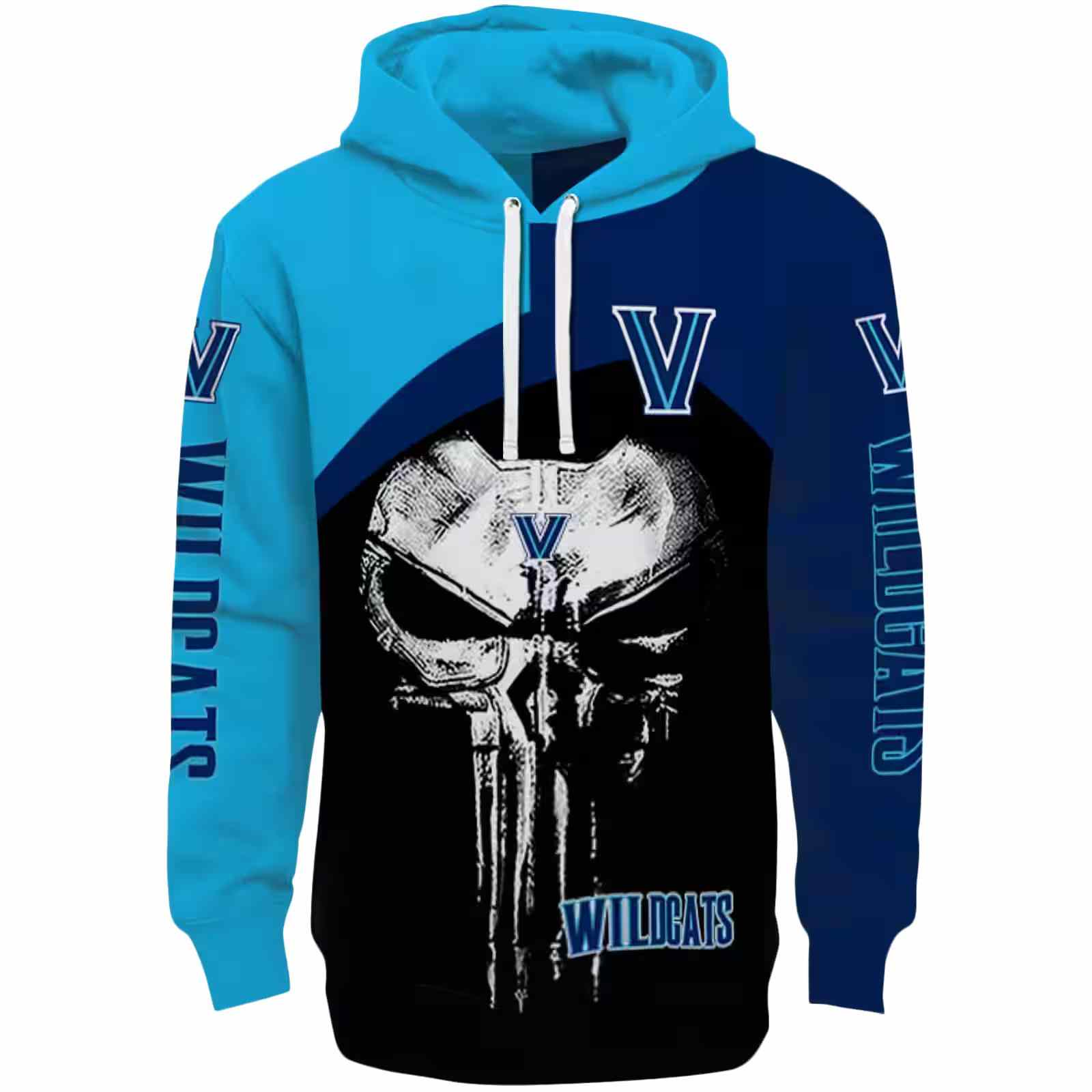 Villanova Wildcats Skull Punisher Light Blue Black Hoodie