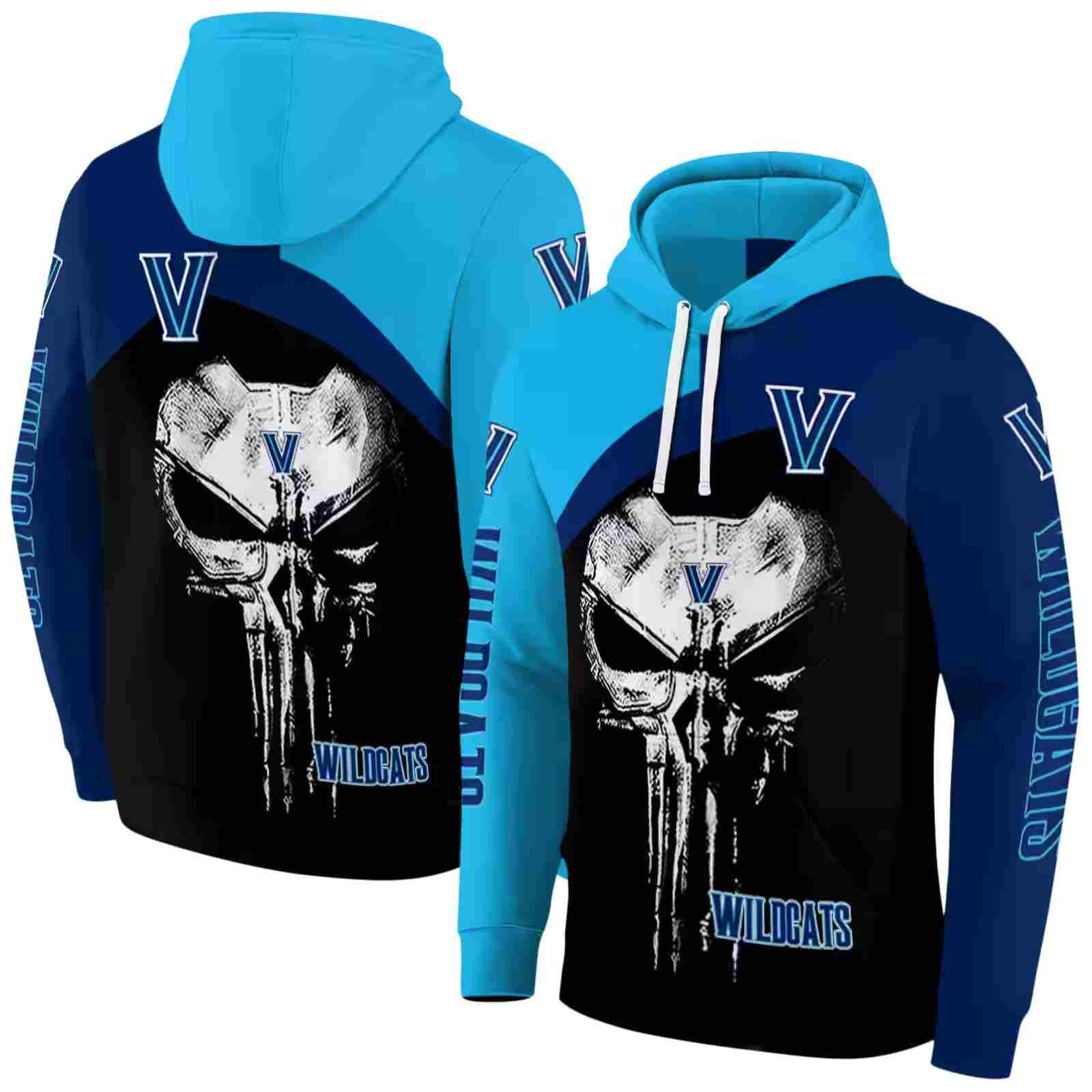 villanova wildcats skull punisher light blue black hoodie fashion forward
