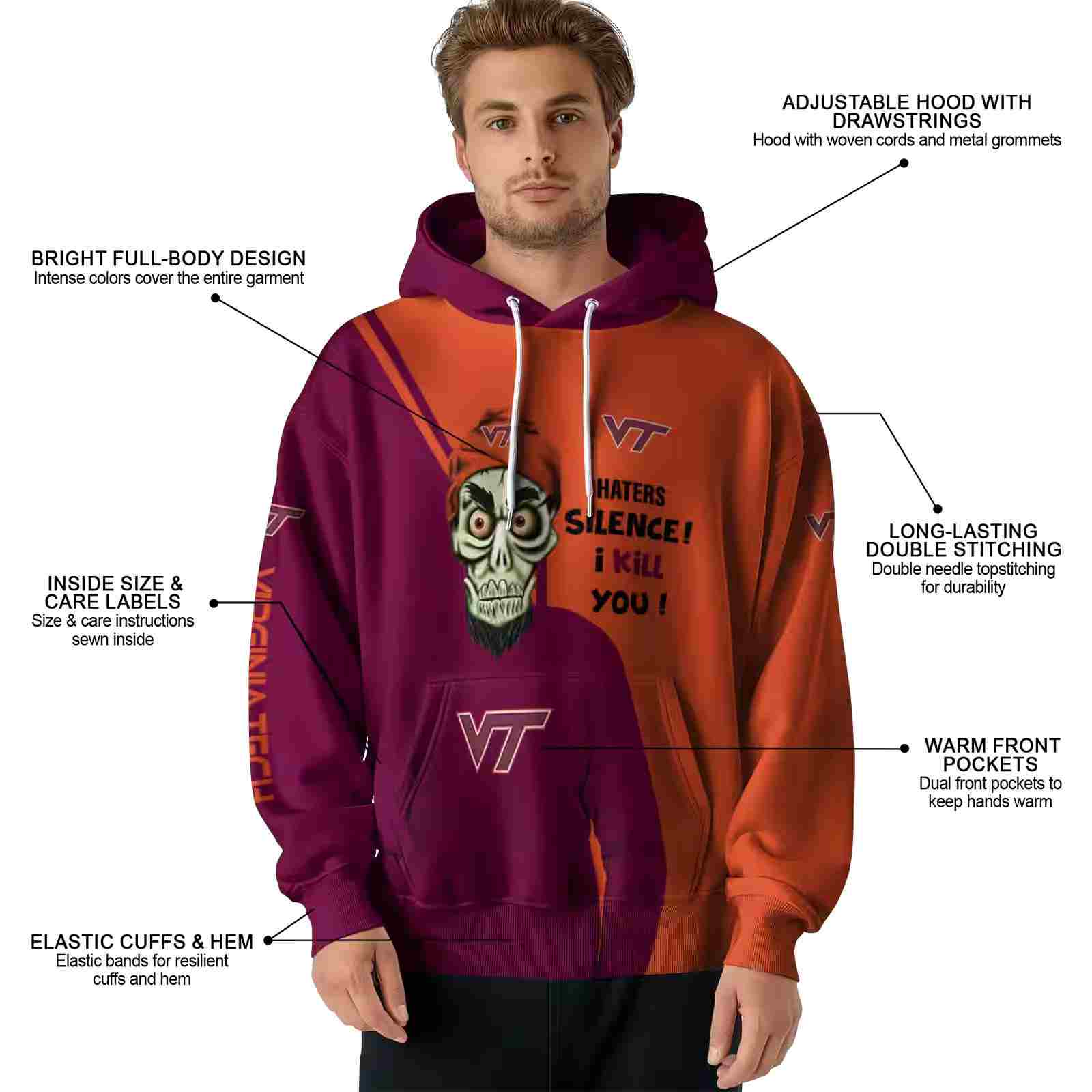 virginia tech hokies achmed skull maroon hoodie latest model