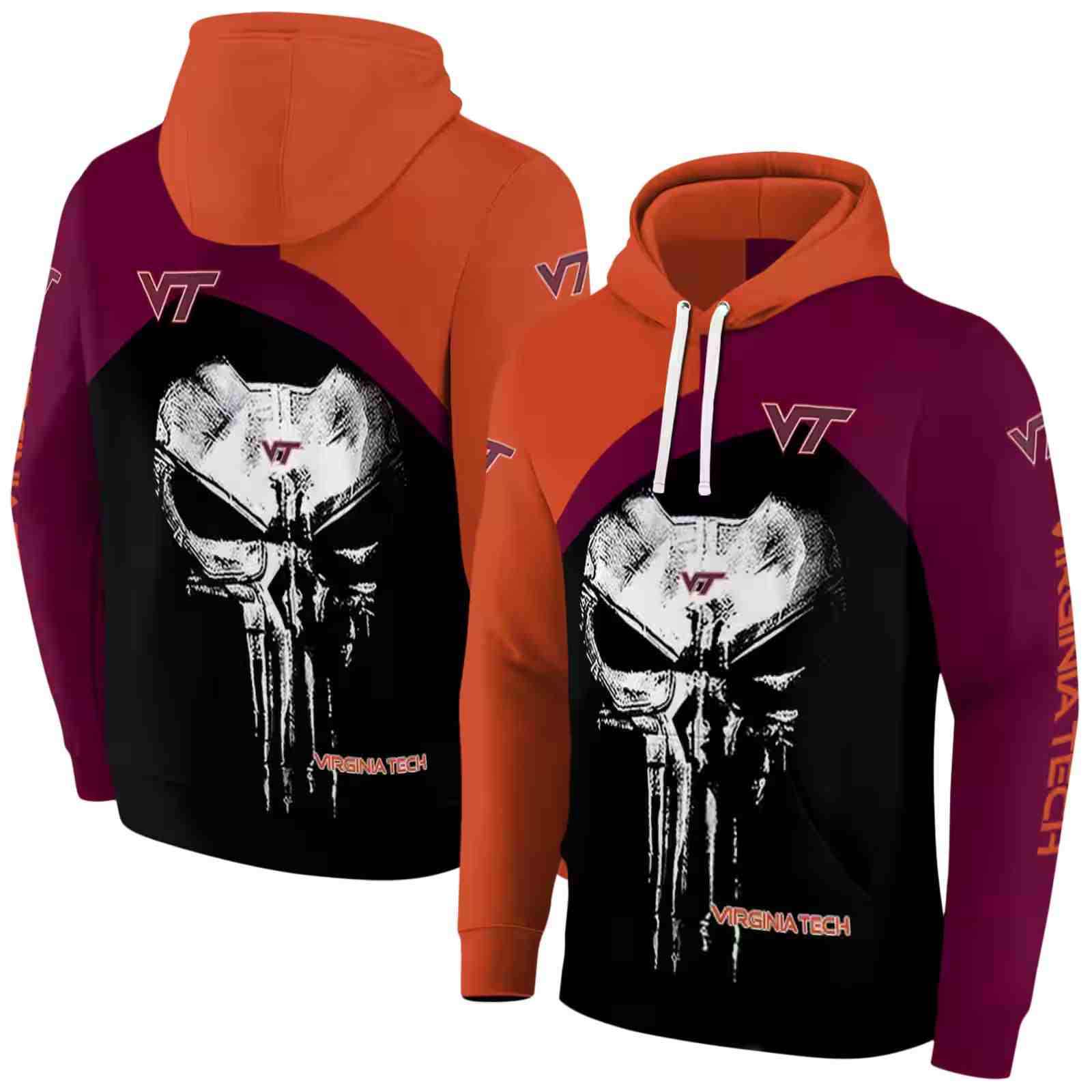 virginia tech hokies skull punisher orange black hoodie fashion forward