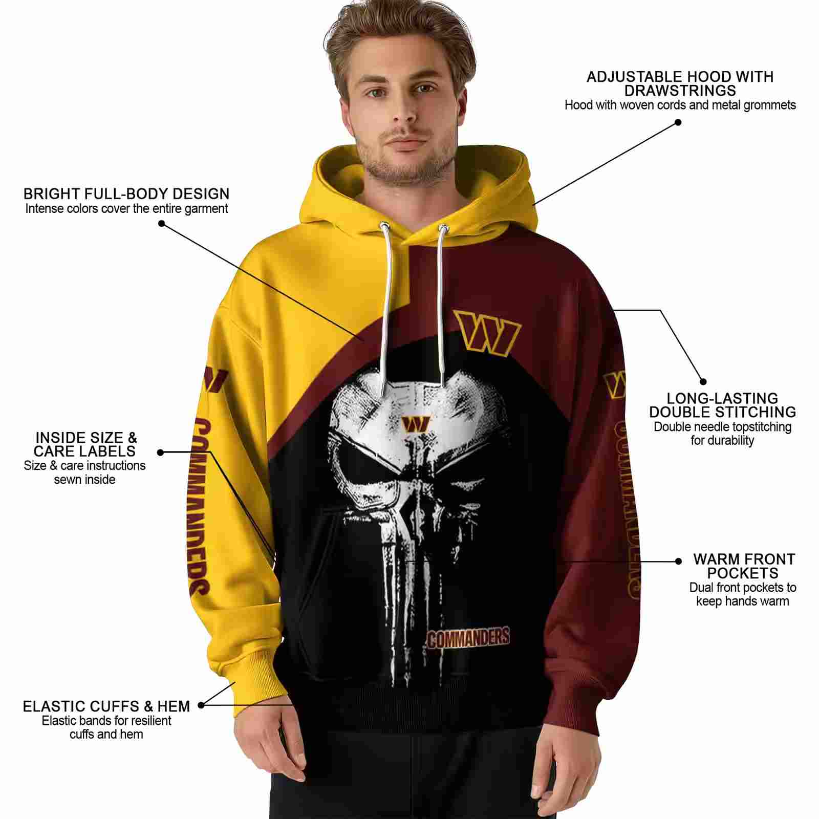 washington commanders skull punisher gold black hoodie latest model