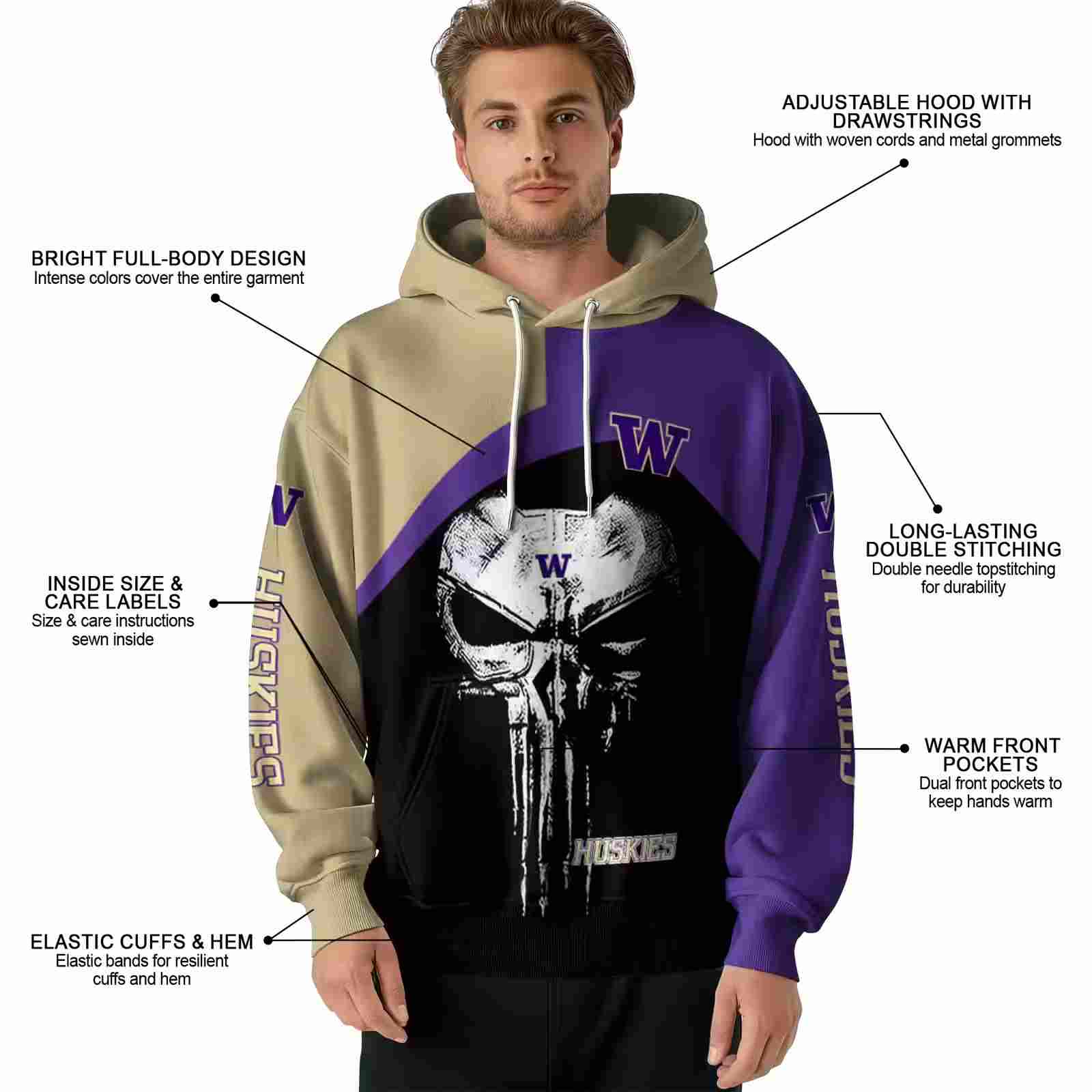 washington huskies skull punisher gold black hoodie latest model