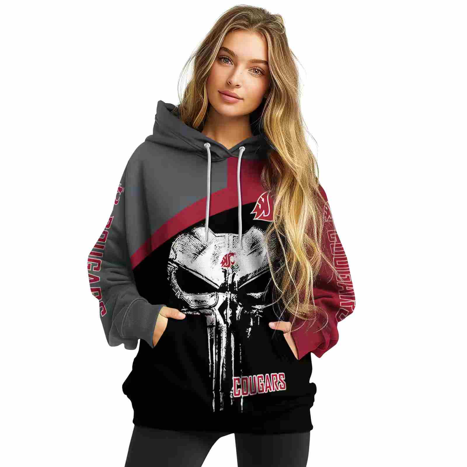 washington state cougars skull punisher grey black hoodie high quality