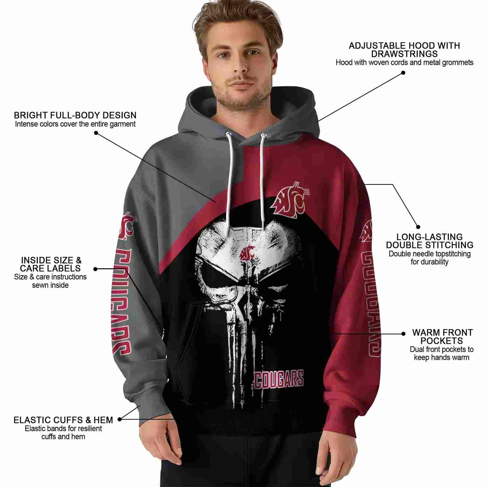 washington state cougars skull punisher grey black hoodie latest model