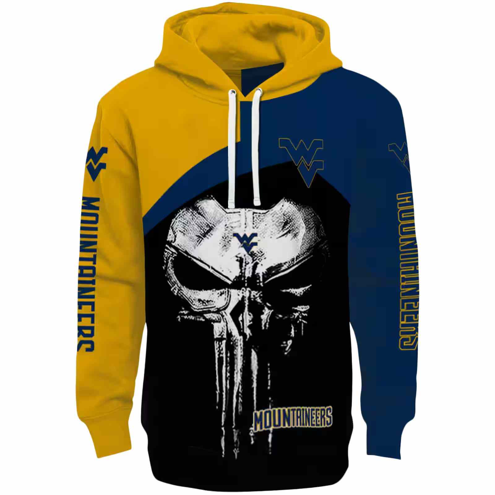 West Virginia Mountaineers Skull Punisher Gold Black Hoodie