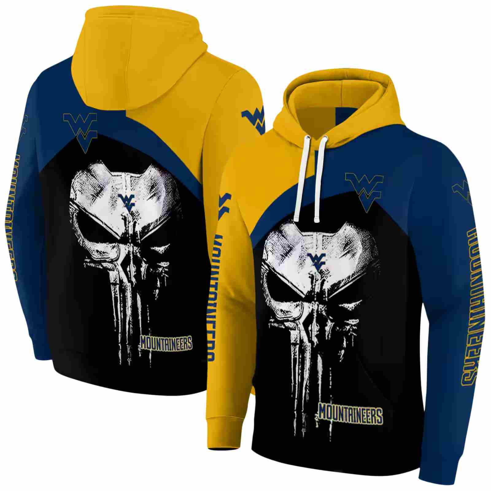 west virginia mountaineers skull punisher gold black hoodie fashion forward